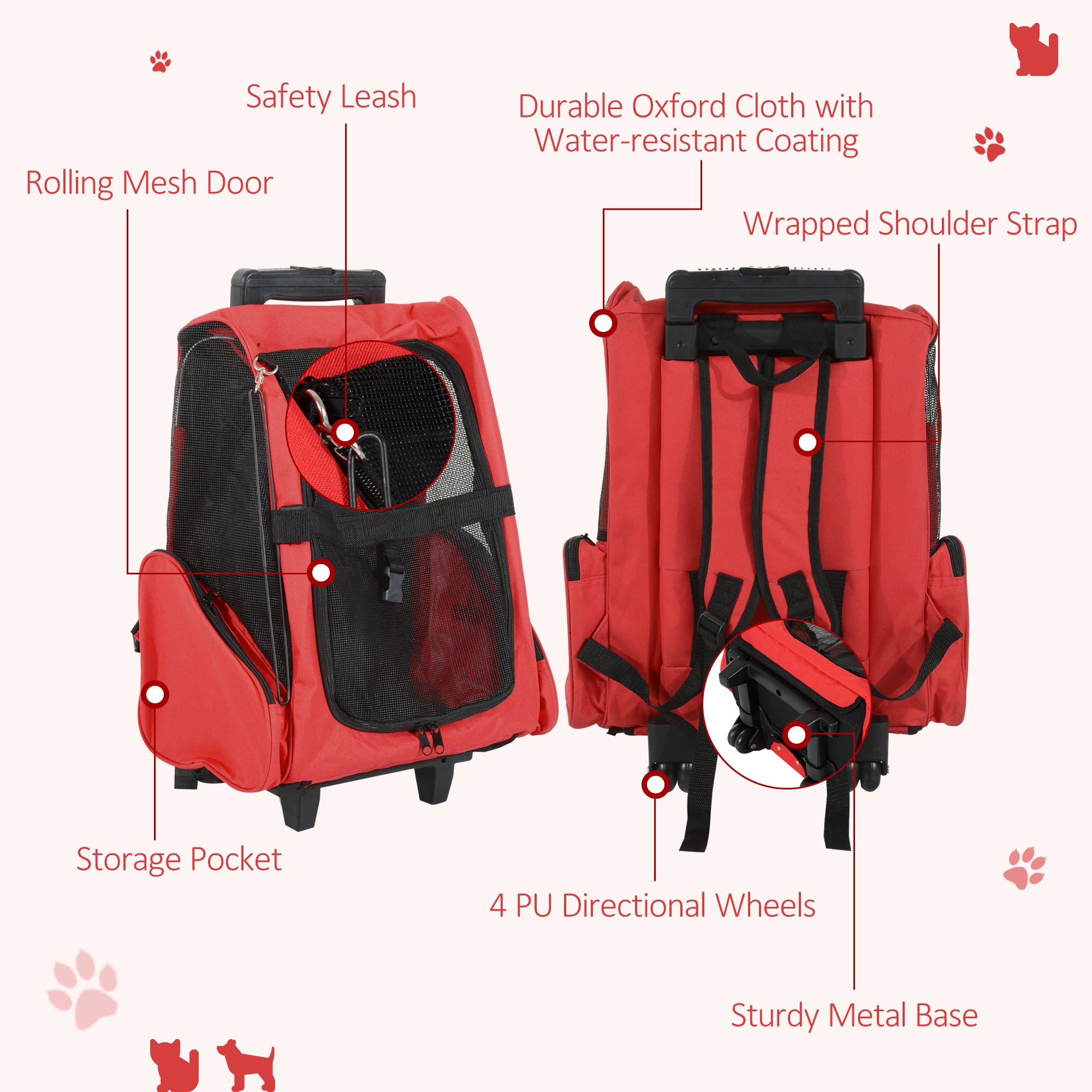 PawHut 2-IN-1 Pet Luggage Box Backpack Carrier Cats Dogs w/ Handle, Rolling Wheel Red