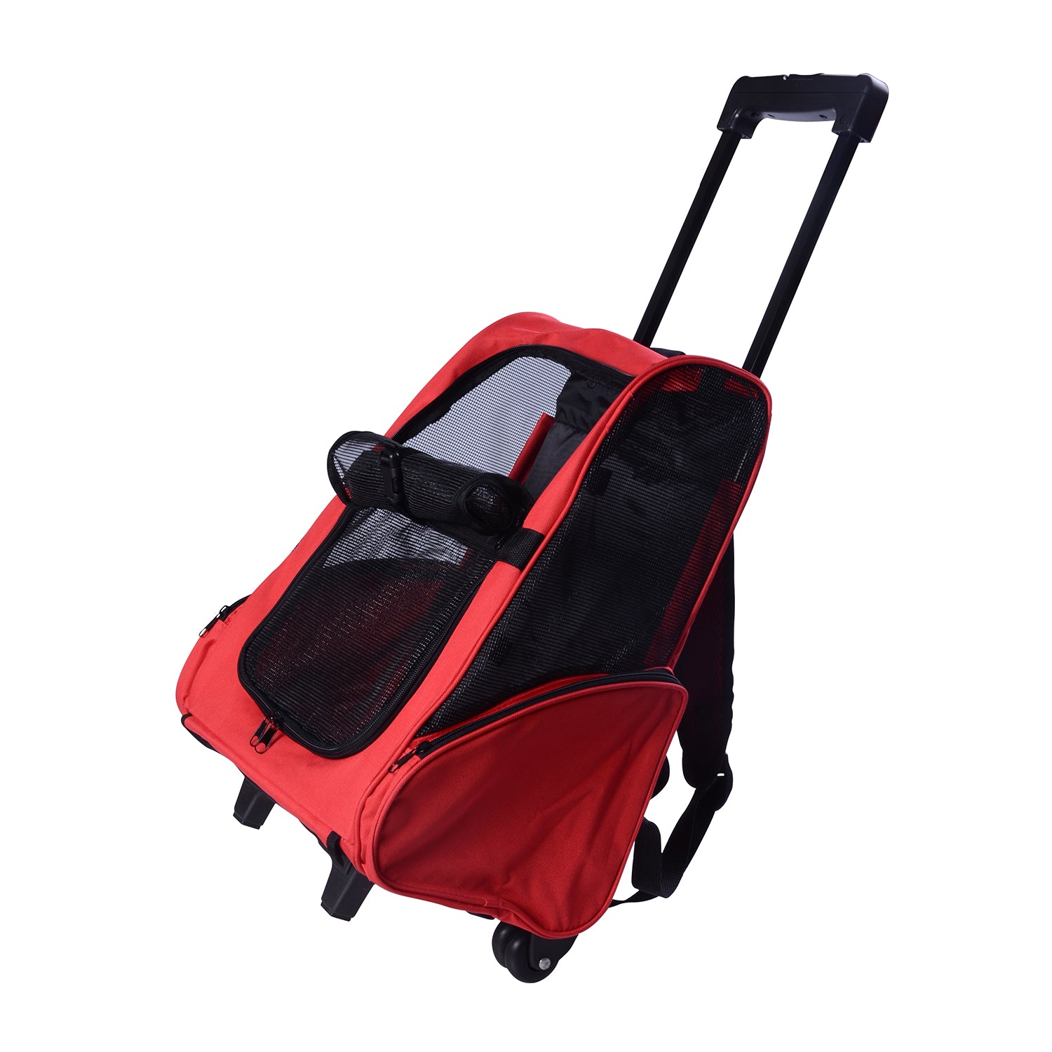 PawHut Pet Travel Backpack Bag Cat Puppy Dog Carrier w/ Trolley and Telescopic Handle Portable Stroller Wheel Luggage Bag (Red)