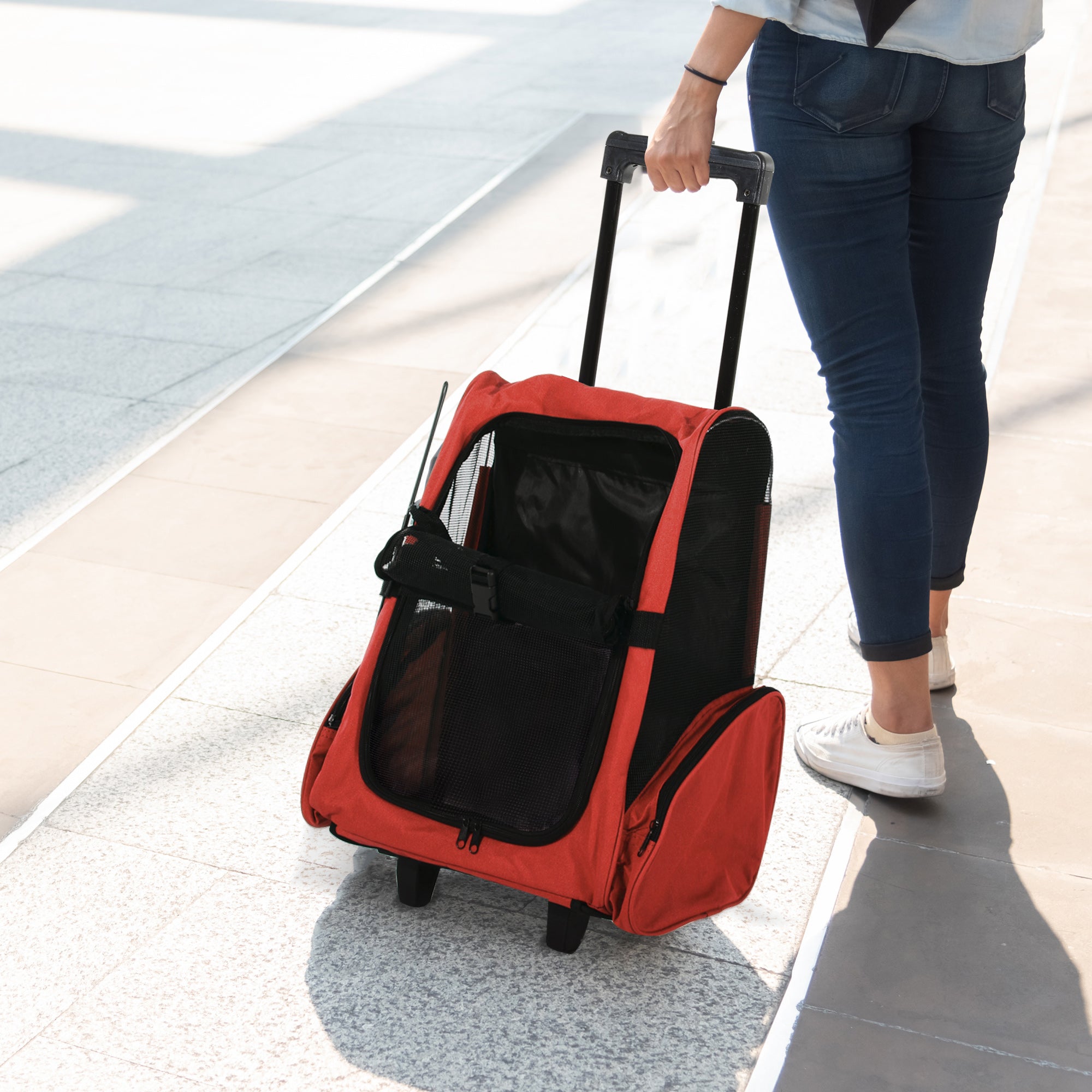PawHut Pet Travel Backpack Bag Cat Puppy Dog Carrier w/ Trolley and Telescopic Handle Portable Stroller Wheel Luggage Bag (Red)