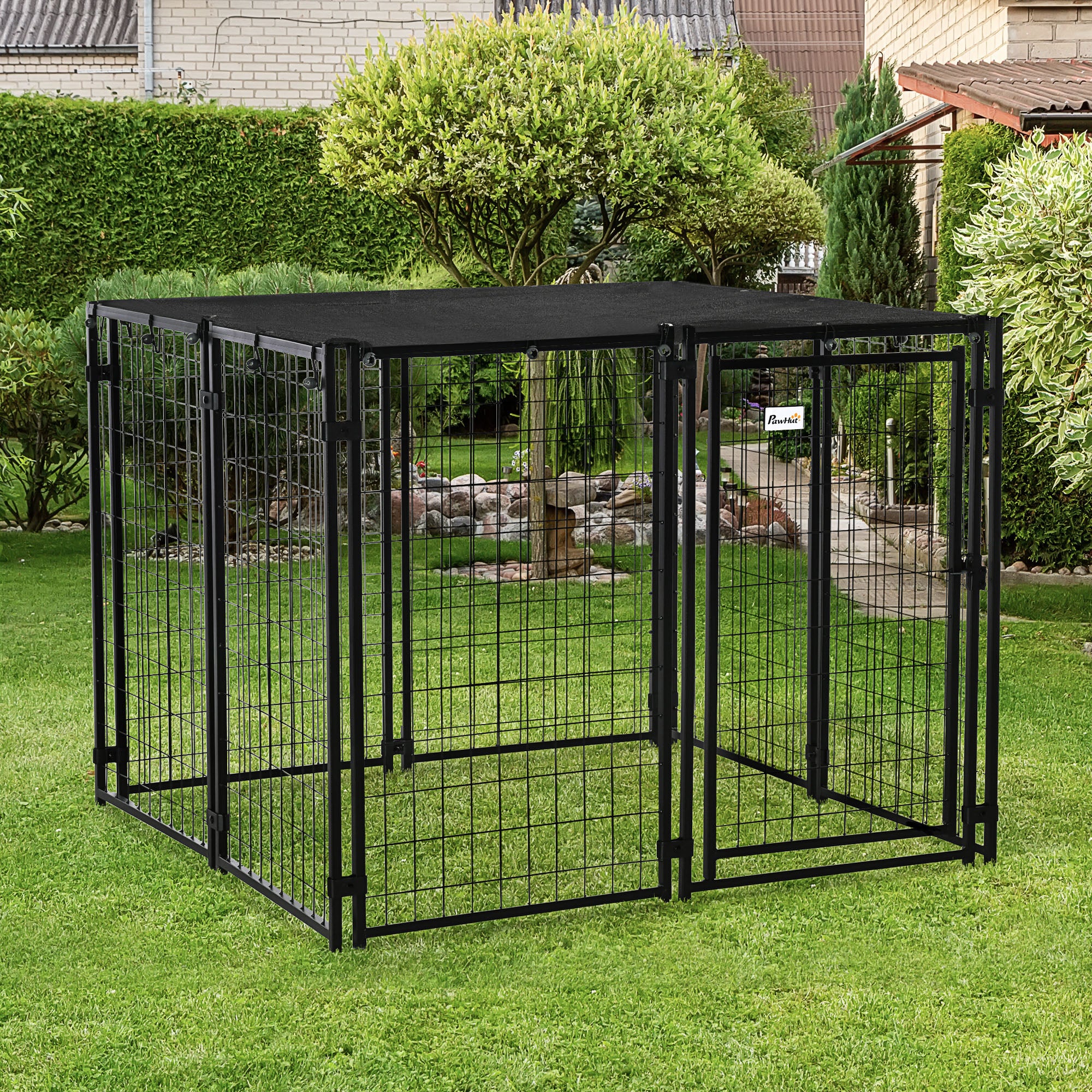 PawHut Outdoor Dog Kennel Run, Large Wire Steel Puppy Fence, Lockable Pet Playpen Crate Enclosure, with Top Cover, Door, Black