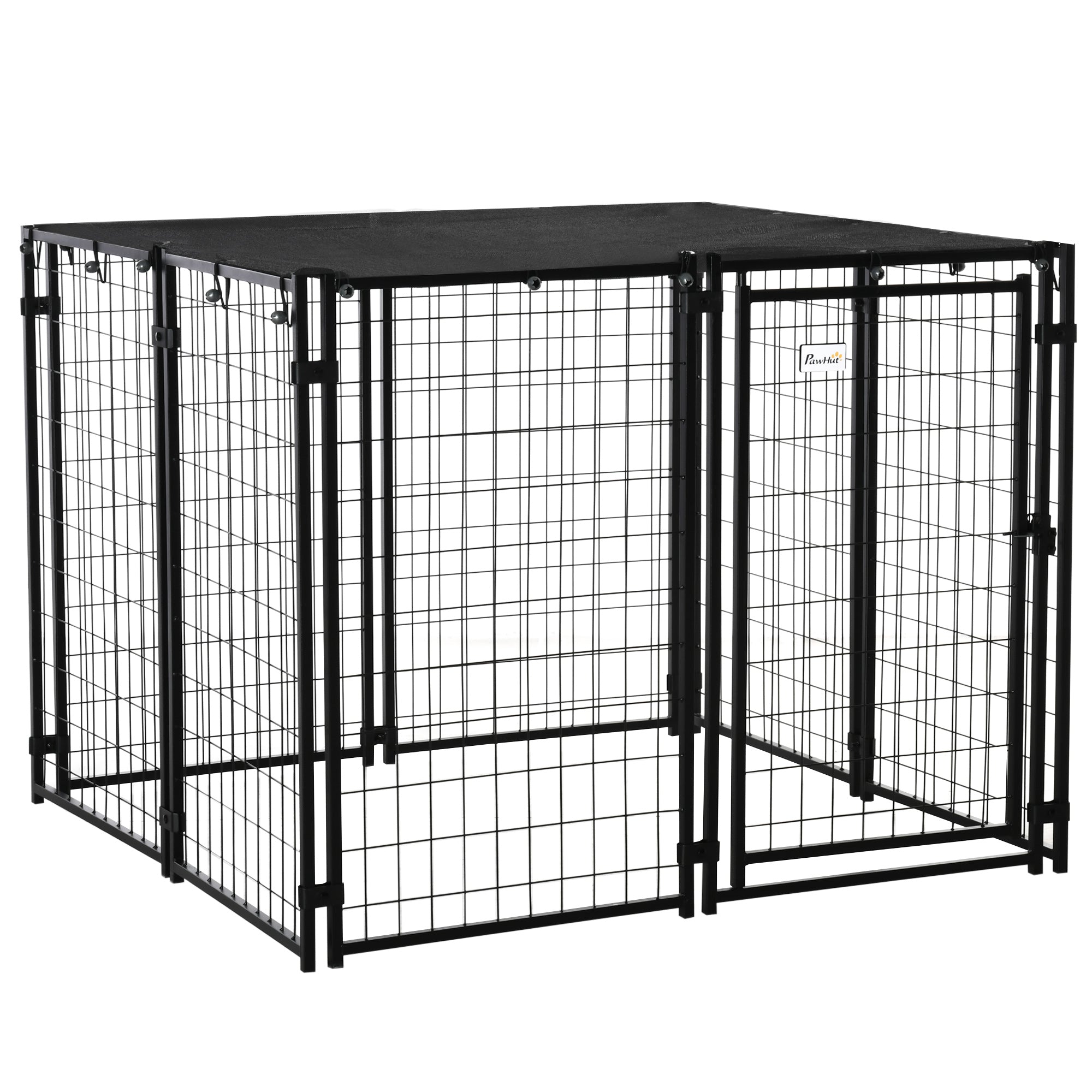 PawHut Outdoor Dog Kennel Run, Large Wire Steel Puppy Fence, Lockable Pet Playpen Crate Enclosure, with Top Cover, Door, Black
