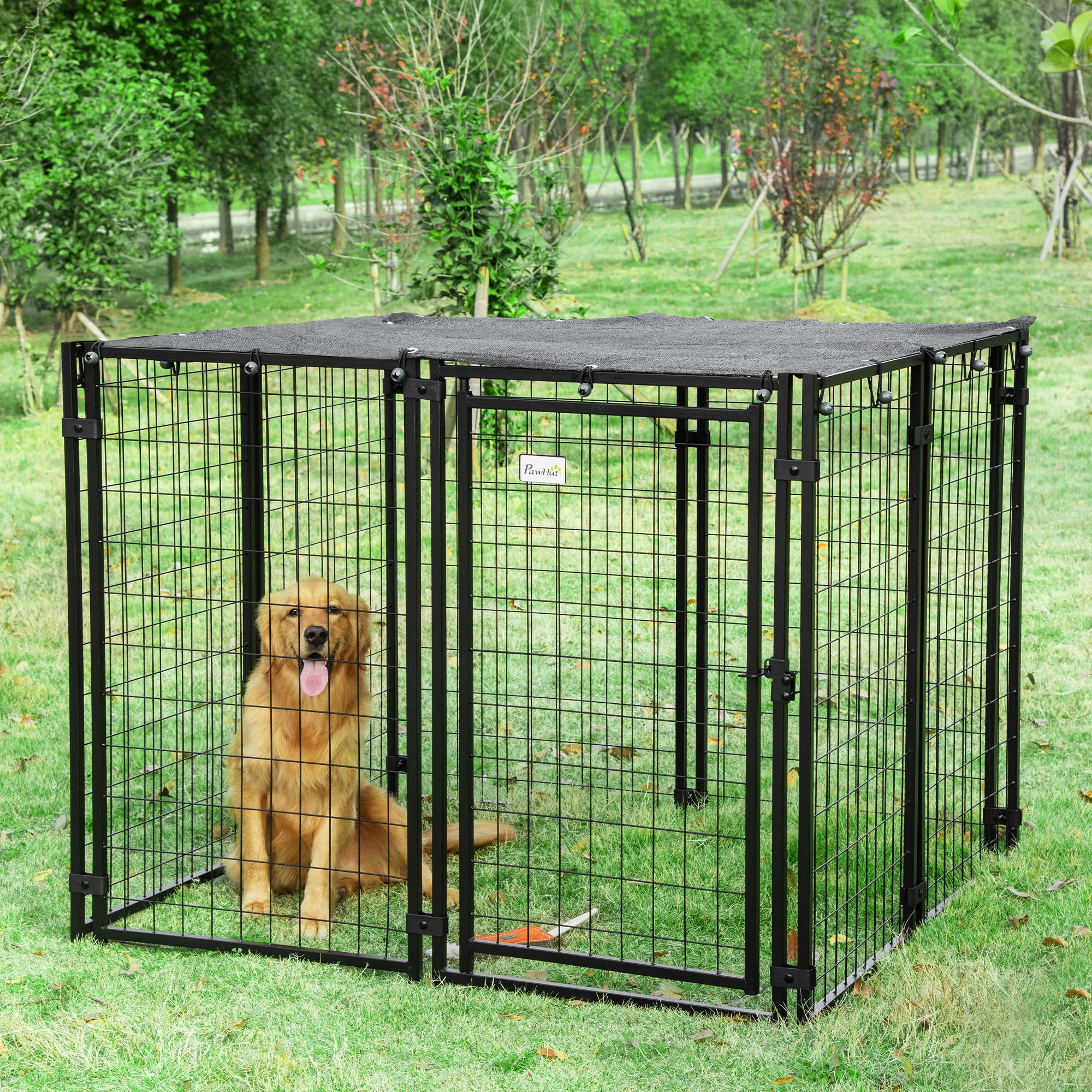 PawHut Outdoor Dog Kennel Run, Large Wire Steel Puppy Fence, Lockable Pet Playpen Crate Enclosure, with Top Cover, Door, Black