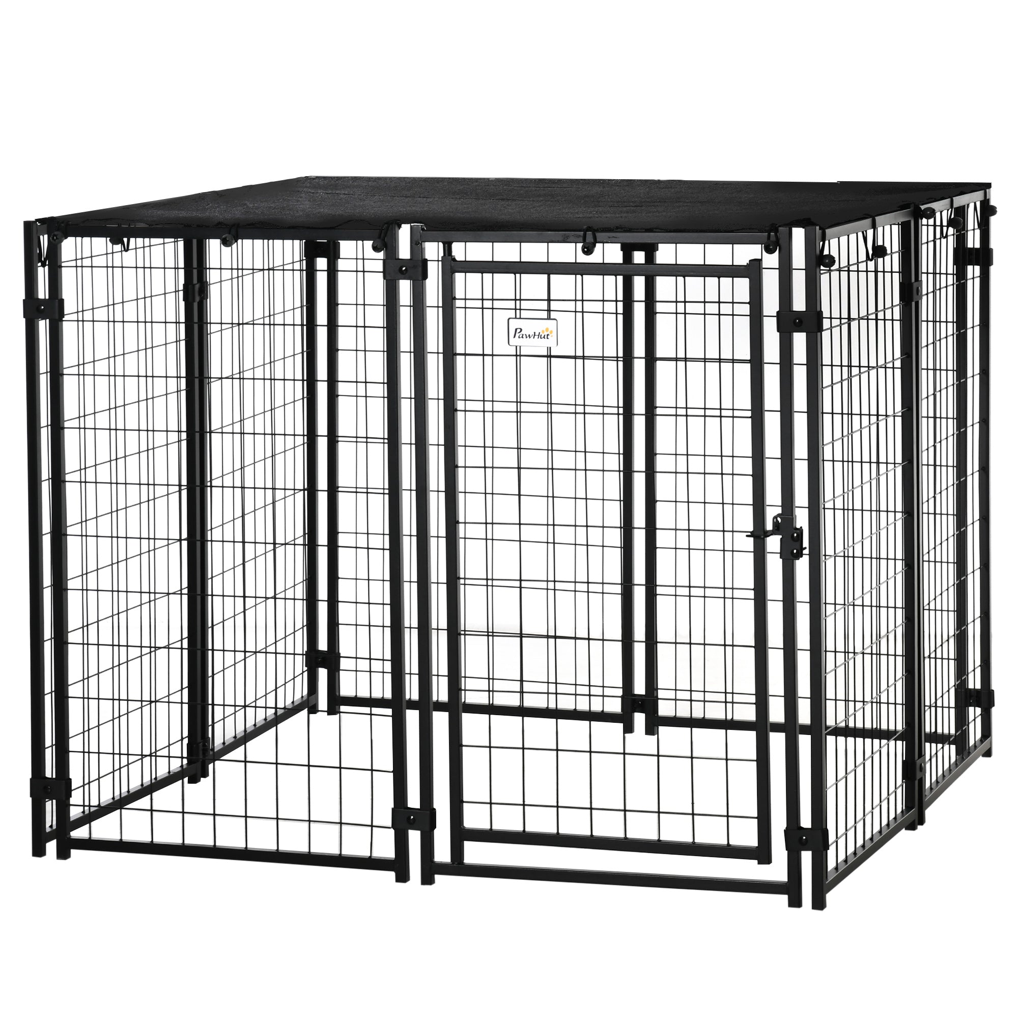 PawHut Outdoor Dog Kennel Run, Large Wire Steel Puppy Fence, Lockable Pet Playpen Crate Enclosure, with Top Cover, Door, Black