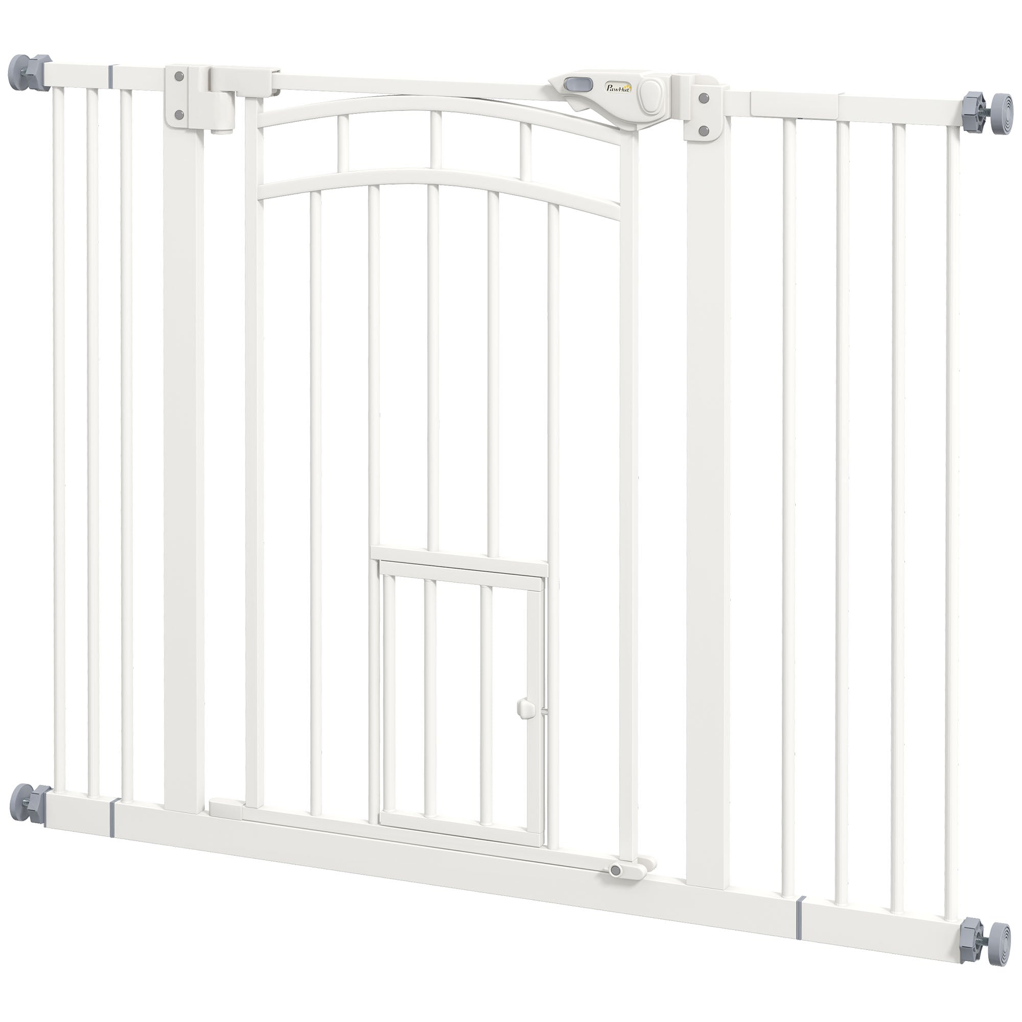PawHut 30"H Tall Dog Gate, Pet Gate with Cat Door, Auto-Close Pressure-Mounted Steel Safety Gate Barrier, Double Locking for Doorways Hallways Stairs, Fits 29"-39.4"W, White