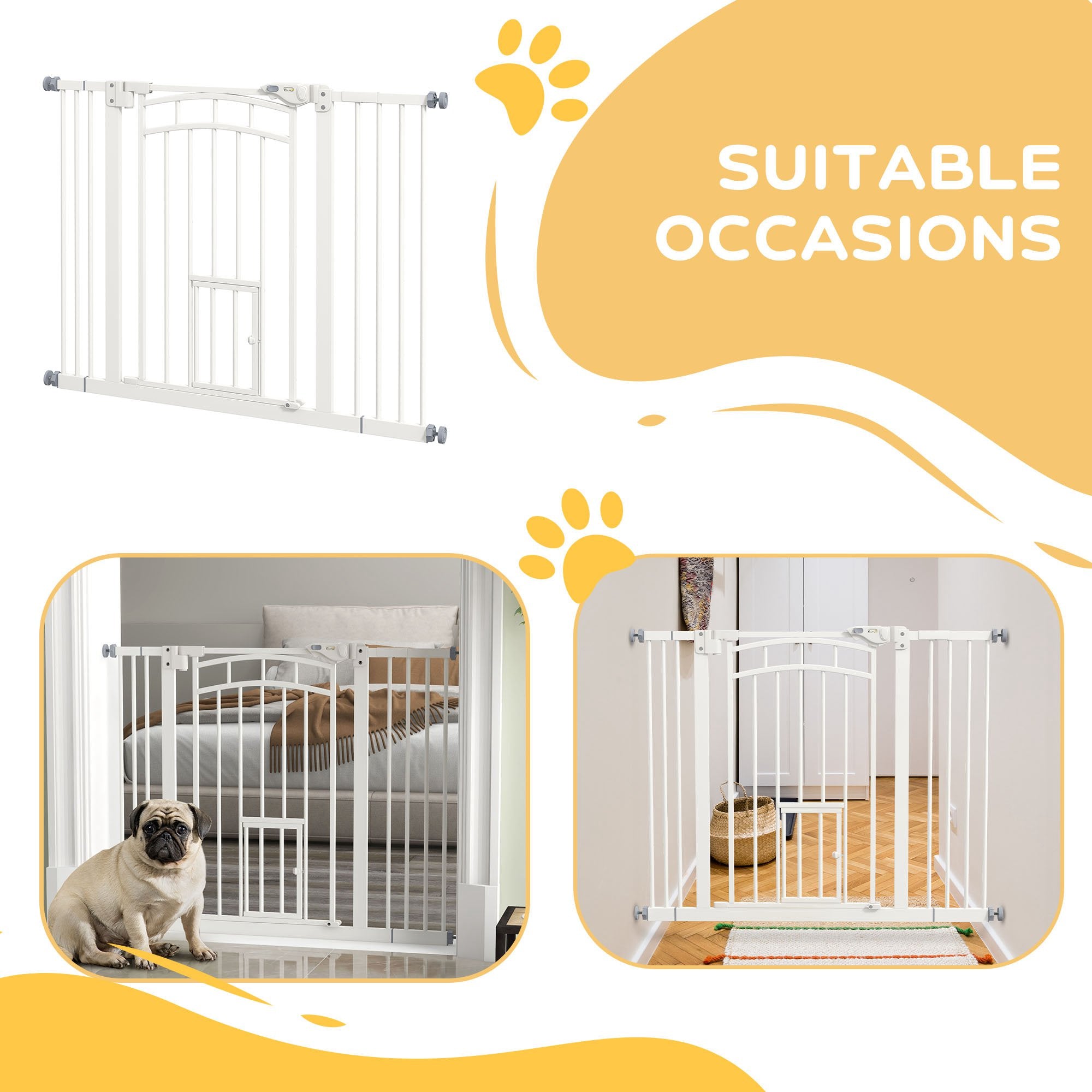 PawHut 30"H Tall Dog Gate, Pet Gate with Cat Door, Auto-Close Pressure-Mounted Steel Safety Gate Barrier, Double Locking for Doorways Hallways Stairs, Fits 29"-39.4"W, White