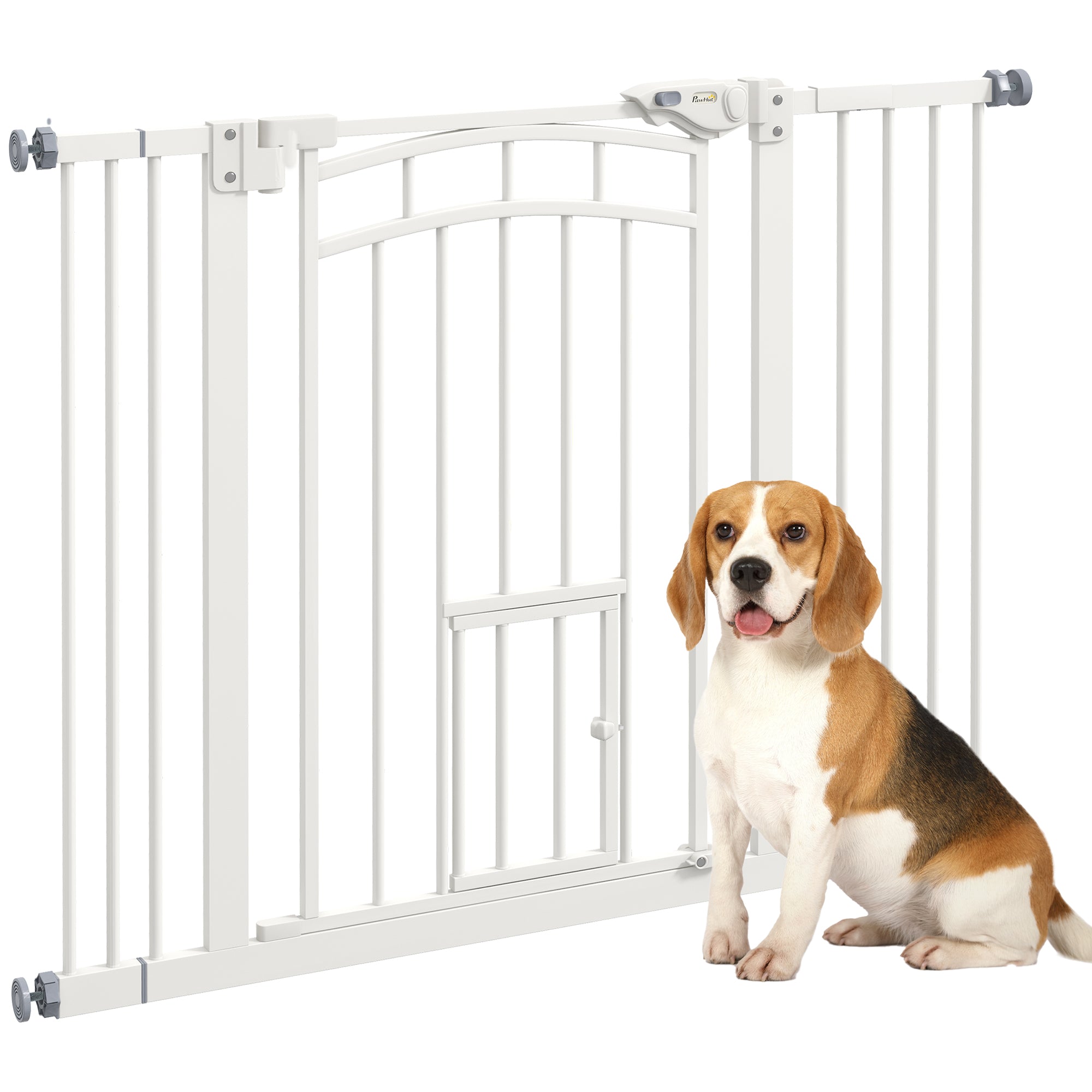 PawHut 30"H Tall Dog Gate, Pet Gate with Cat Door, Auto-Close Pressure-Mounted Steel Safety Gate Barrier, Double Locking for Doorways Hallways Stairs, Fits 29"-39.4"W, White