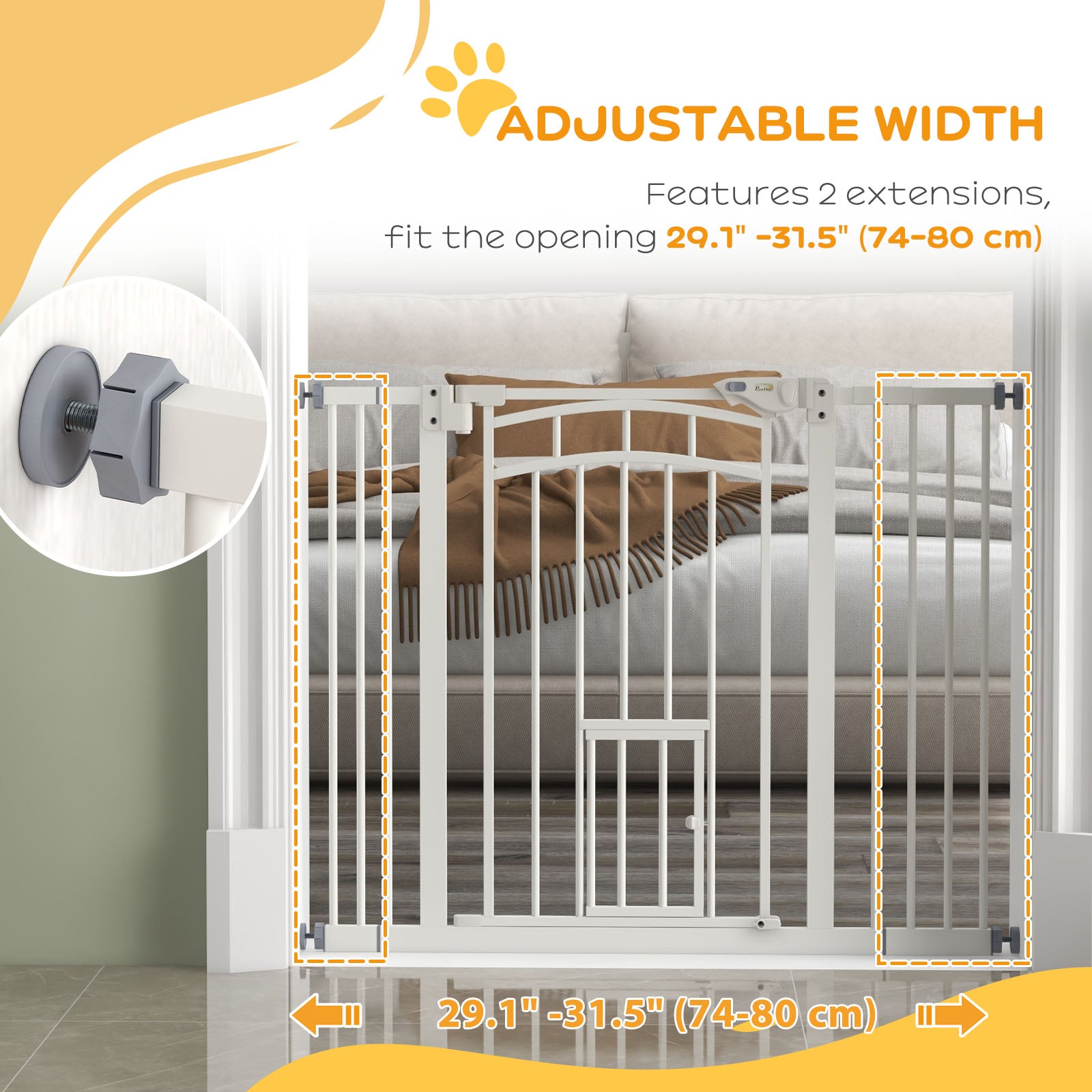 PawHut 30"H Tall Dog Gate, Pet Gate with Cat Door, Auto-Close Pressure-Mounted Steel Safety Gate Barrier, Double Locking for Doorways Hallways Stairs, Fits 29"-39.4"W, White