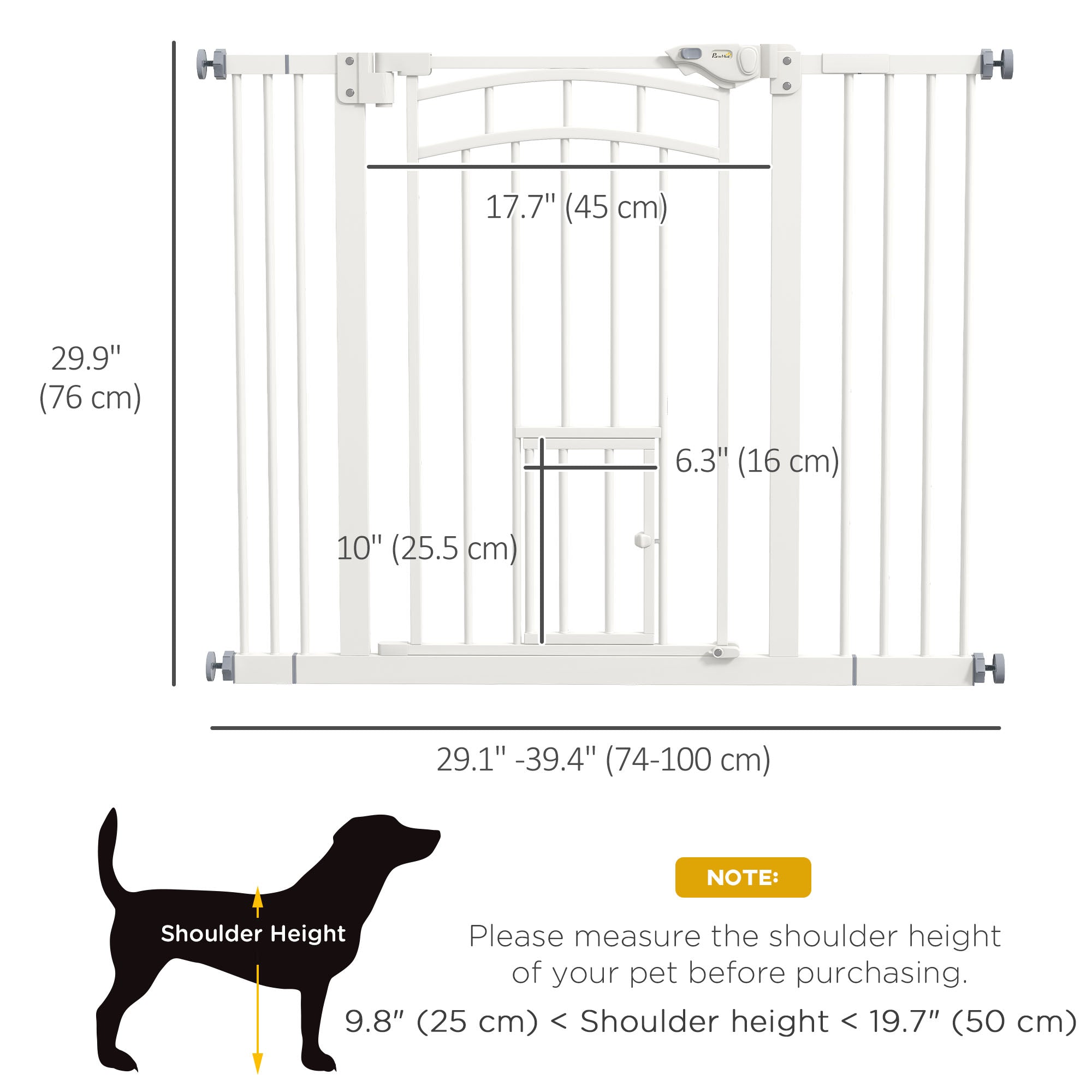 PawHut 30"H Tall Dog Gate, Pet Gate with Cat Door, Auto-Close Pressure-Mounted Steel Safety Gate Barrier, Double Locking for Doorways Hallways Stairs, Fits 29"-39.4"W, White