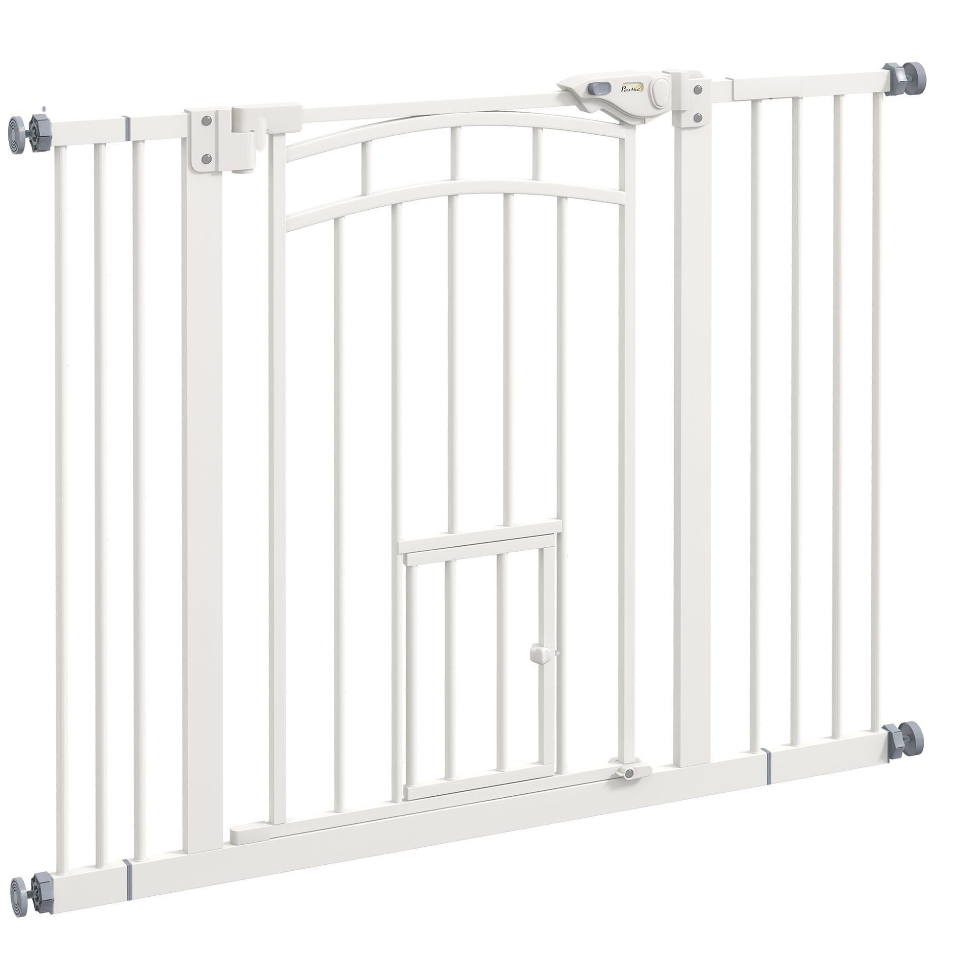 PawHut 30"H Tall Dog Gate, Pet Gate with Cat Door, Auto-Close Pressure-Mounted Steel Safety Gate Barrier, Double Locking for Doorways Hallways Stairs, Fits 29"-39.4"W, White
