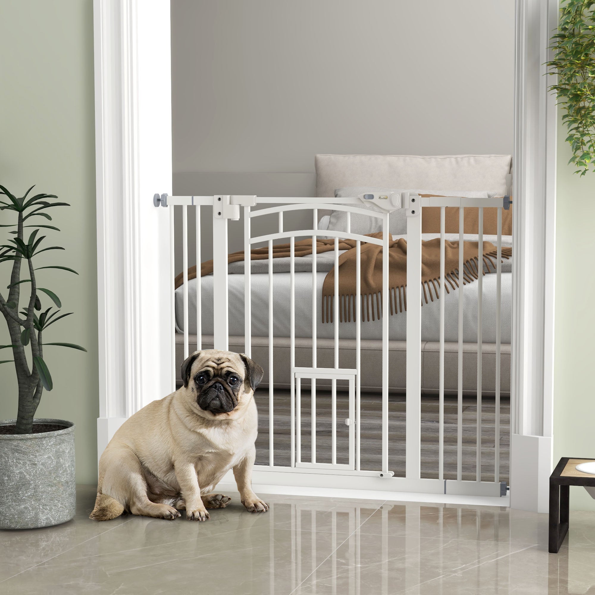 PawHut 30"H Tall Dog Gate, Pet Gate with Cat Door, Auto-Close Pressure-Mounted Steel Safety Gate Barrier, Double Locking for Doorways Hallways Stairs, Fits 29"-39.4"W, White