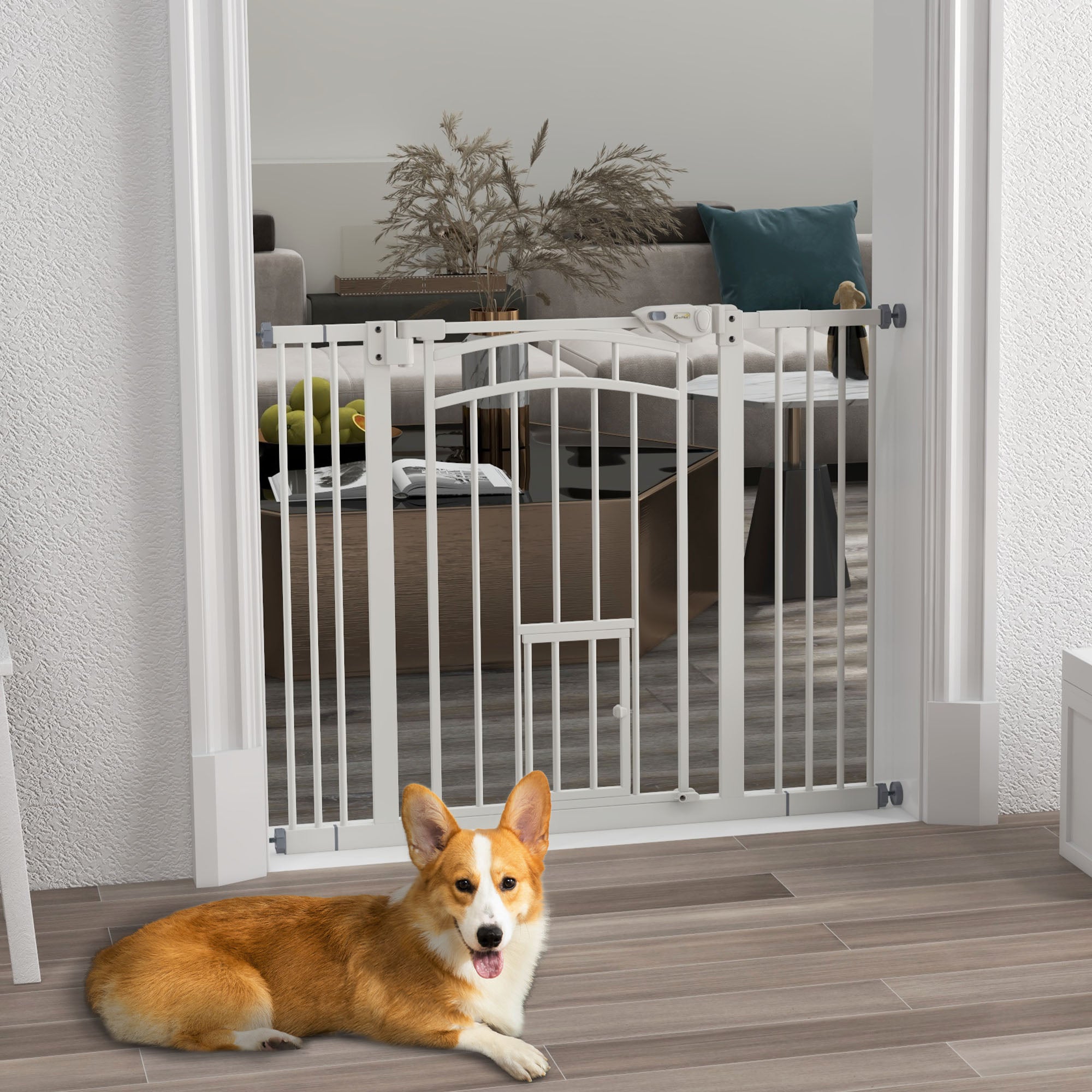 PawHut 30"H Tall Dog Gate, Pet Gate with Cat Door, Auto-Close Pressure-Mounted Steel Safety Gate Barrier, Double Locking for Doorways Hallways Stairs, Fits 29"-39.4"W, White