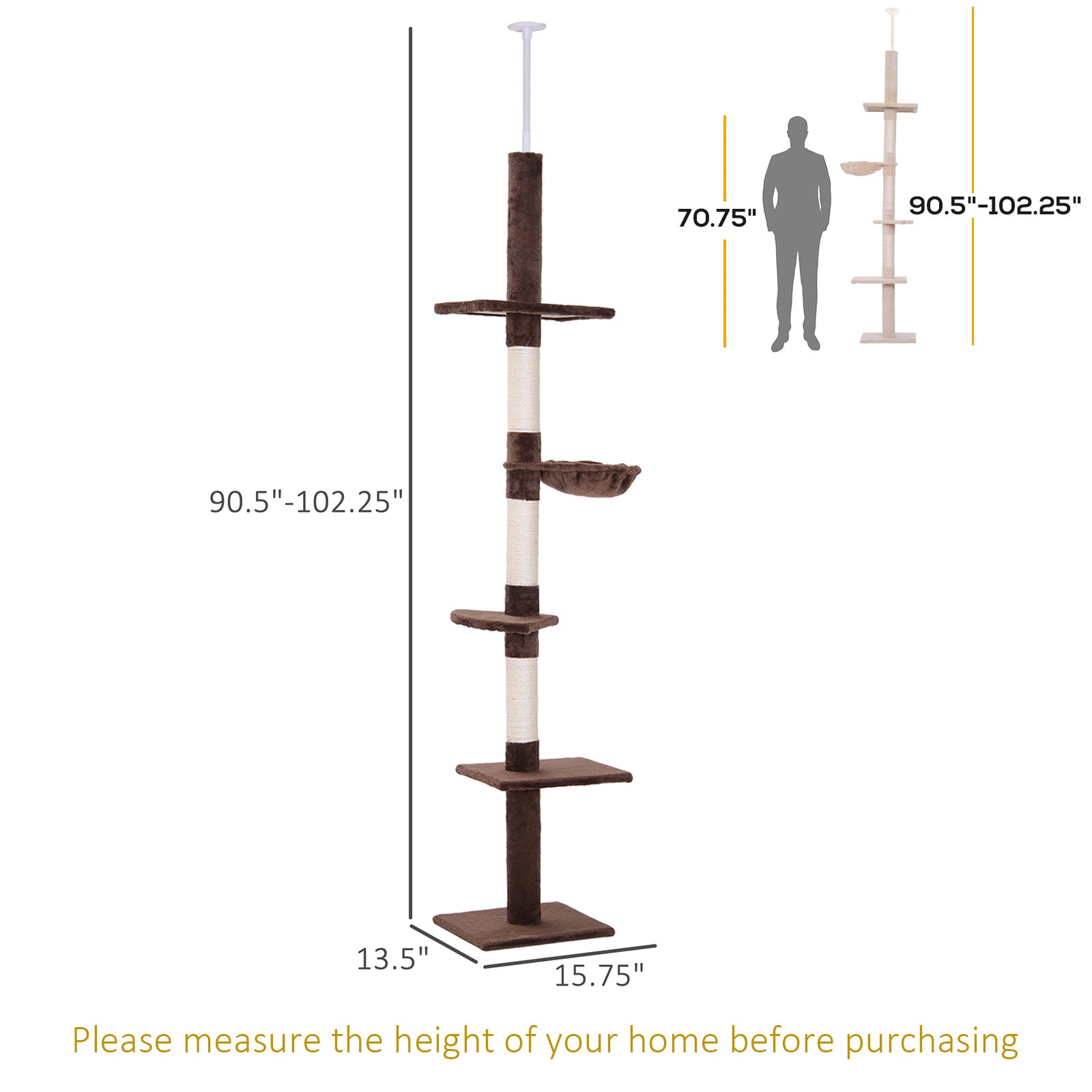 PawHut 8.5ft Cat Climbing Tree 5-Tier Kitty Activity Center Floor-to-Ceiling Cat Climber Toy with Scratching Post Play Rest Post Pet Furniture Brown