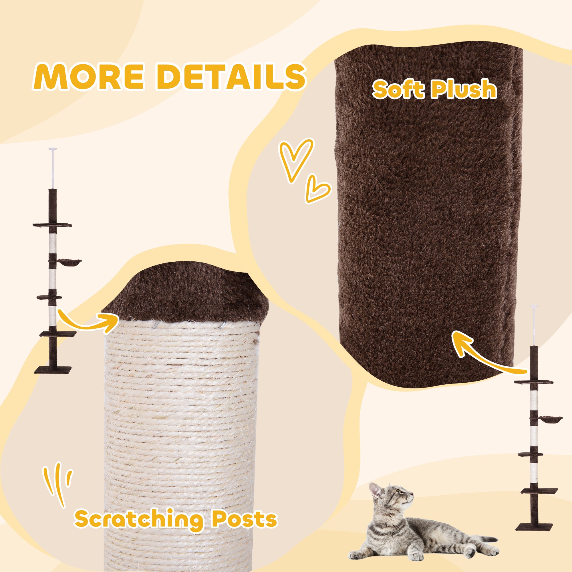 PawHut 8.5ft Cat Climbing Tree 5-Tier Kitty Activity Center Floor-to-Ceiling Cat Climber Toy with Scratching Post Play Rest Post Pet Furniture Brown