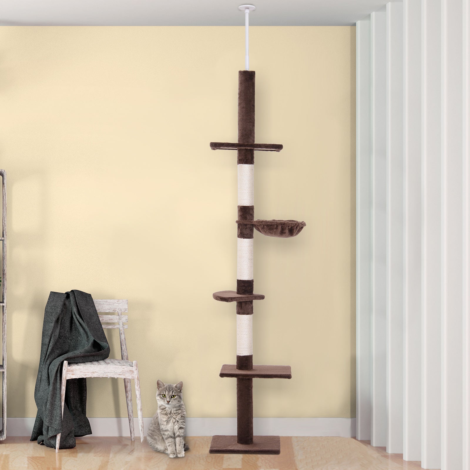 PawHut 8.5ft Cat Climbing Tree 5-Tier Kitty Activity Center Floor-to-Ceiling Cat Climber Toy with Scratching Post Play Rest Post Pet Furniture Brown