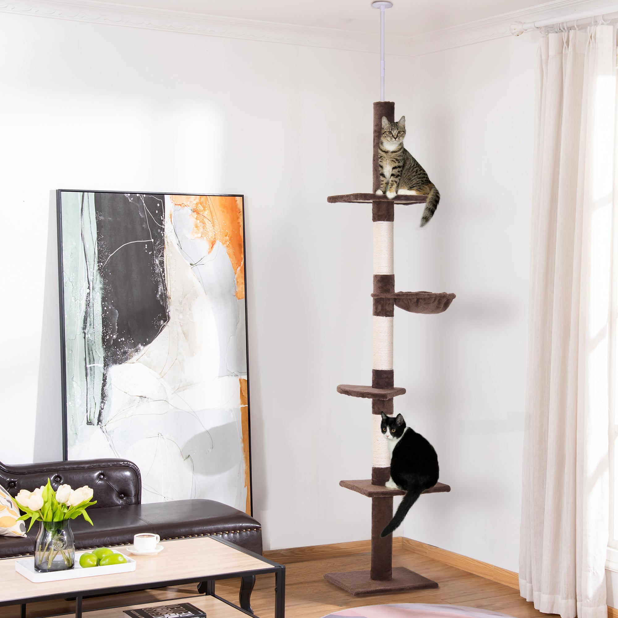 PawHut 8.5ft Cat Climbing Tree 5-Tier Kitty Activity Center Floor-to-Ceiling Cat Climber Toy with Scratching Post Play Rest Post Pet Furniture Brown