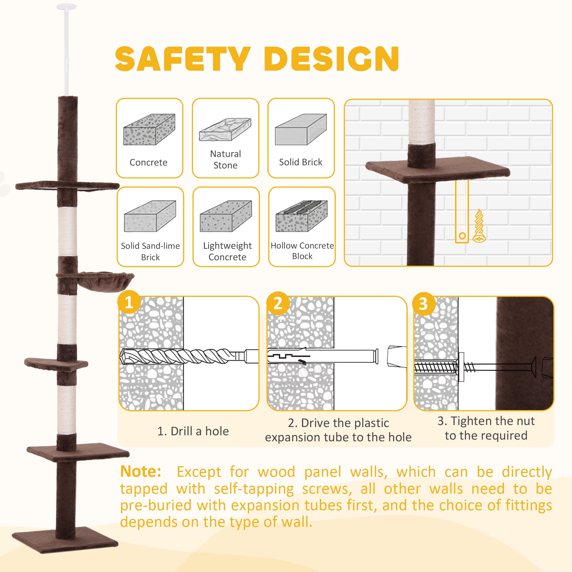 PawHut 8.5ft Cat Climbing Tree 5-Tier Kitty Activity Center Floor-to-Ceiling Cat Climber Toy with Scratching Post Play Rest Post Pet Furniture Brown