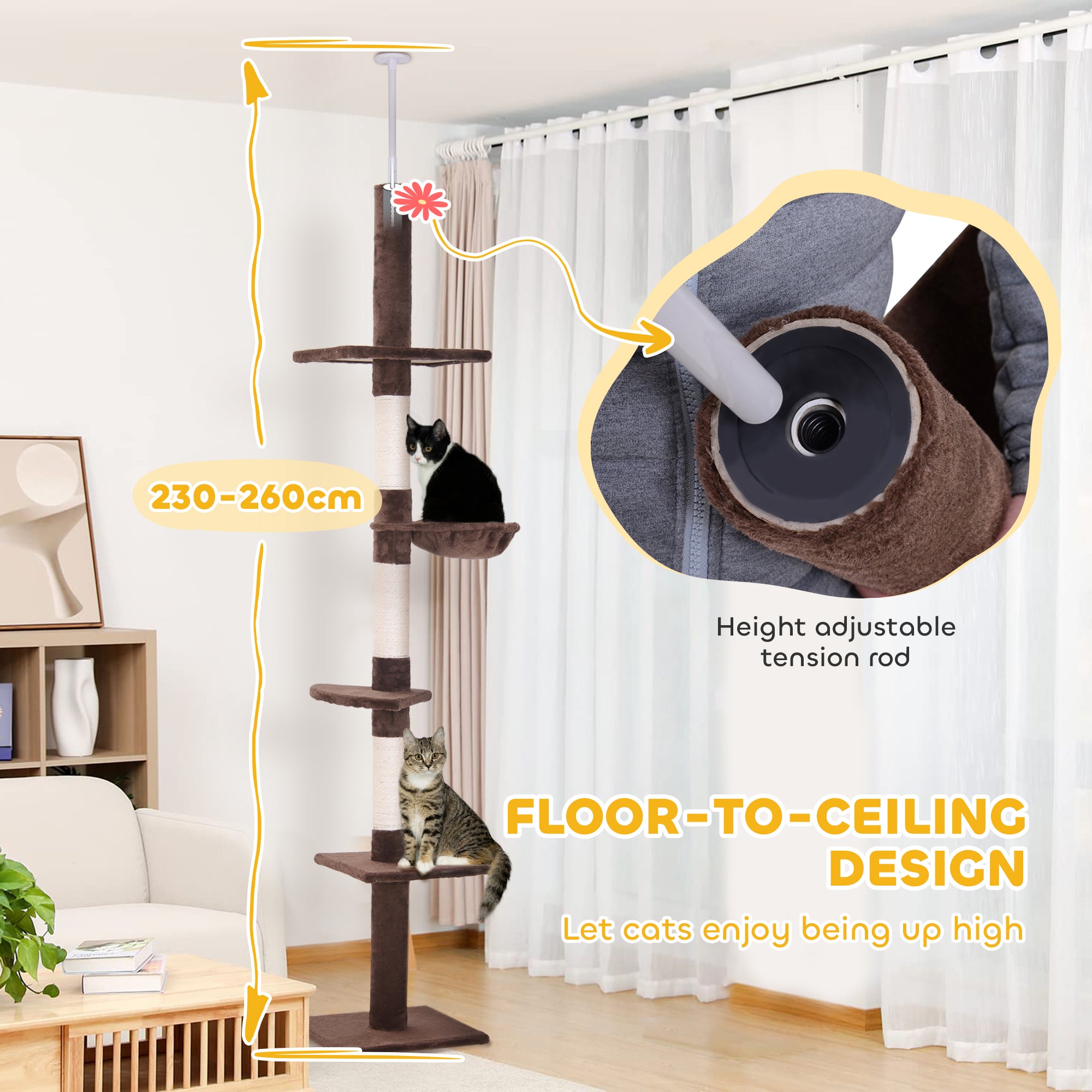 PawHut 8.5ft Cat Climbing Tree 5-Tier Kitty Activity Center Floor-to-Ceiling Cat Climber Toy with Scratching Post Play Rest Post Pet Furniture Brown