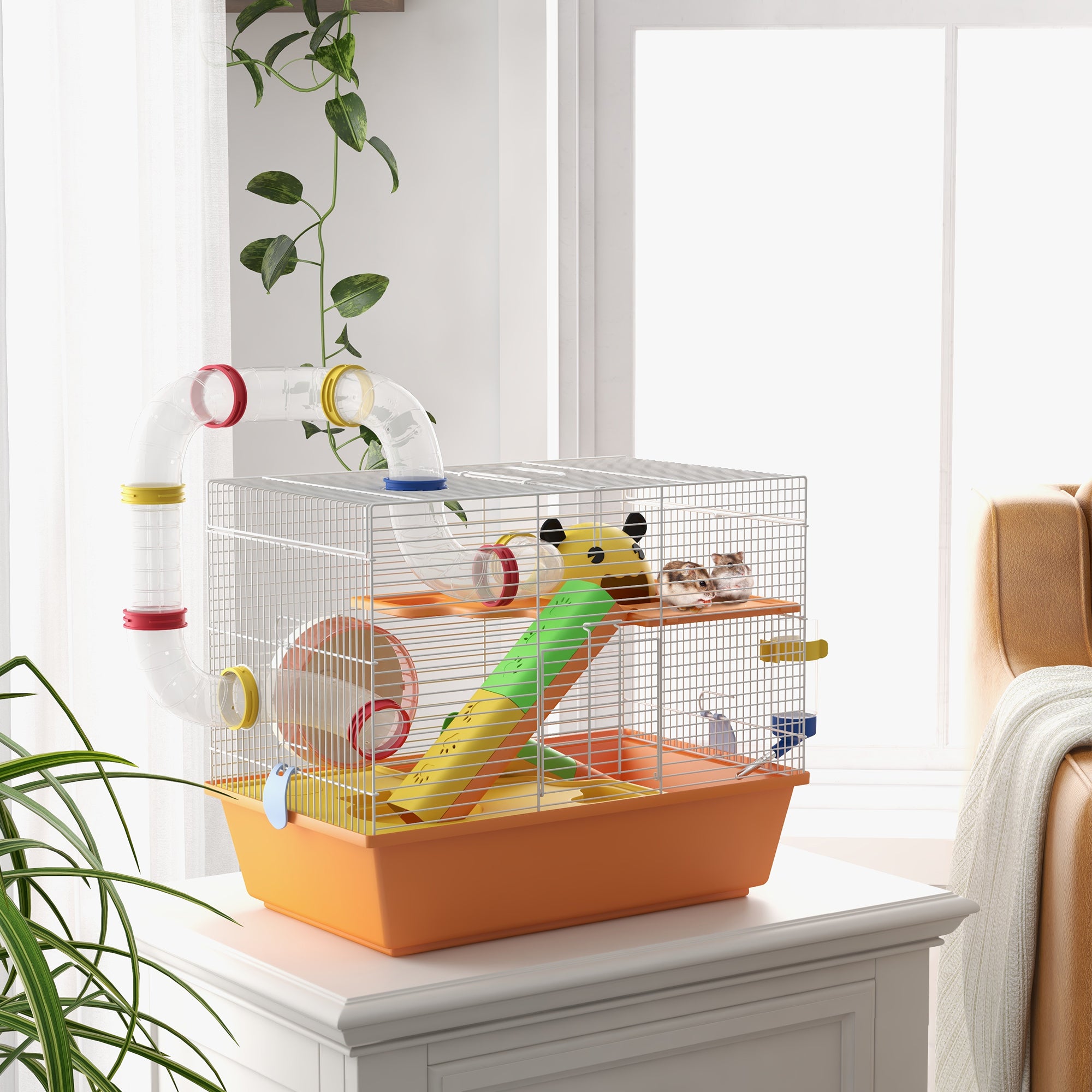 PawHut Hamster Cage, 3 Tiers Gerbil Cage for Dwarf Hamsters with Tubes, Exercise Wheel, Ladder, Water Bottle, Dish, Hut, Top Handle, 45 x 28 x 37cm - Orange