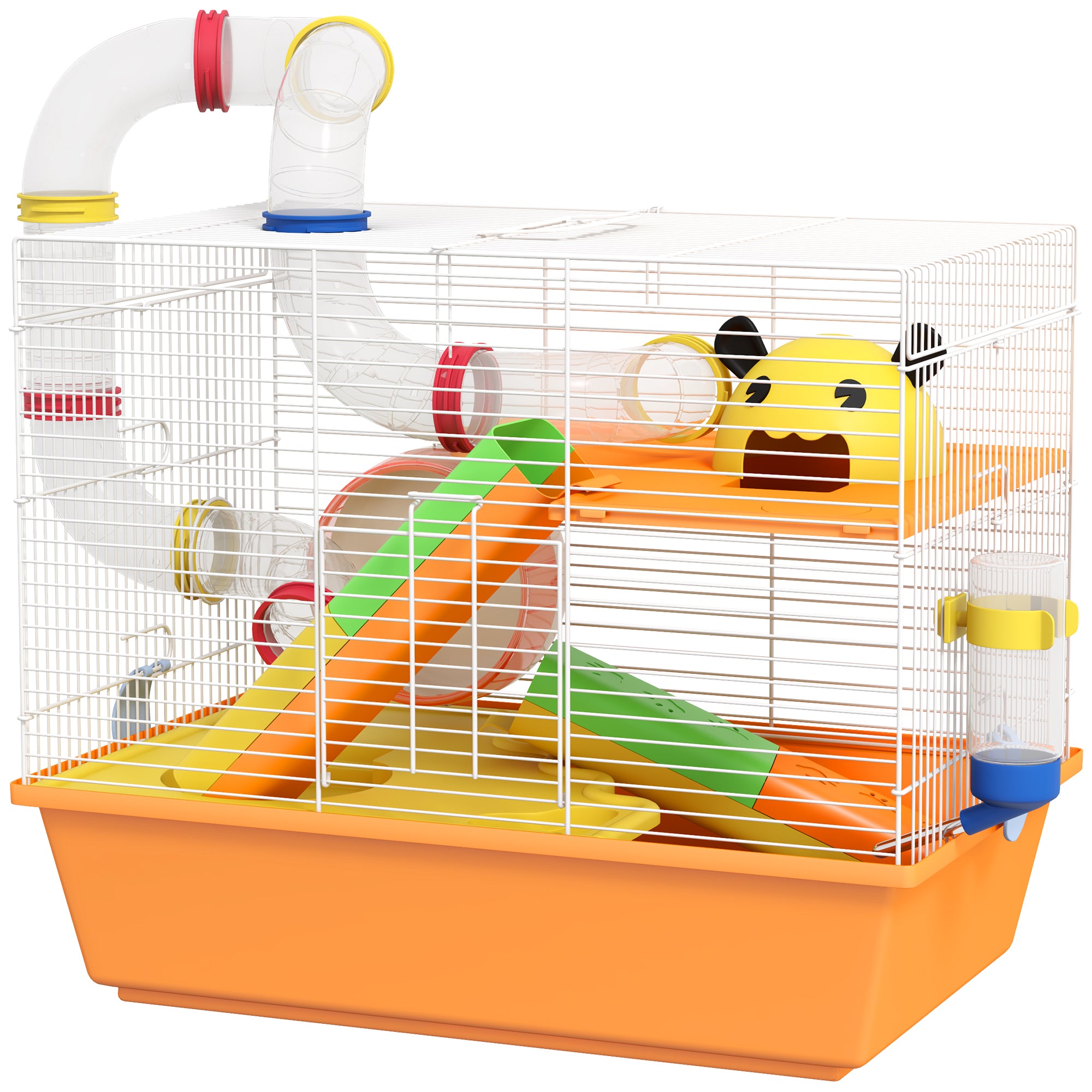 PawHut Hamster Cage, 3 Tiers Gerbil Cage for Dwarf Hamsters with Tubes, Exercise Wheel, Ladder, Water Bottle, Dish, Hut, Top Handle, 45 x 28 x 37cm - Orange