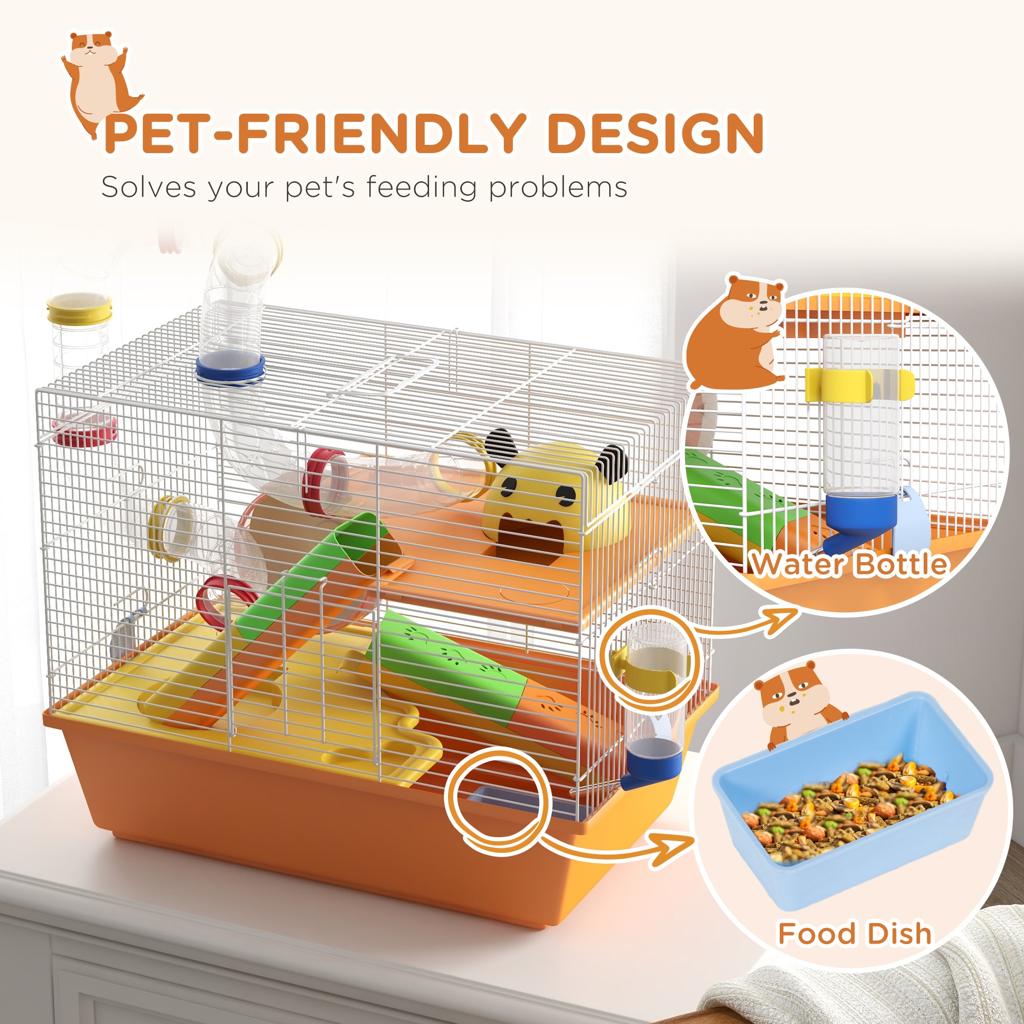 PawHut Hamster Cage, 3 Tiers Gerbil Cage for Dwarf Hamsters with Tubes, Exercise Wheel, Ladder, Water Bottle, Dish, Hut, Top Handle, 45 x 28 x 37cm - Orange