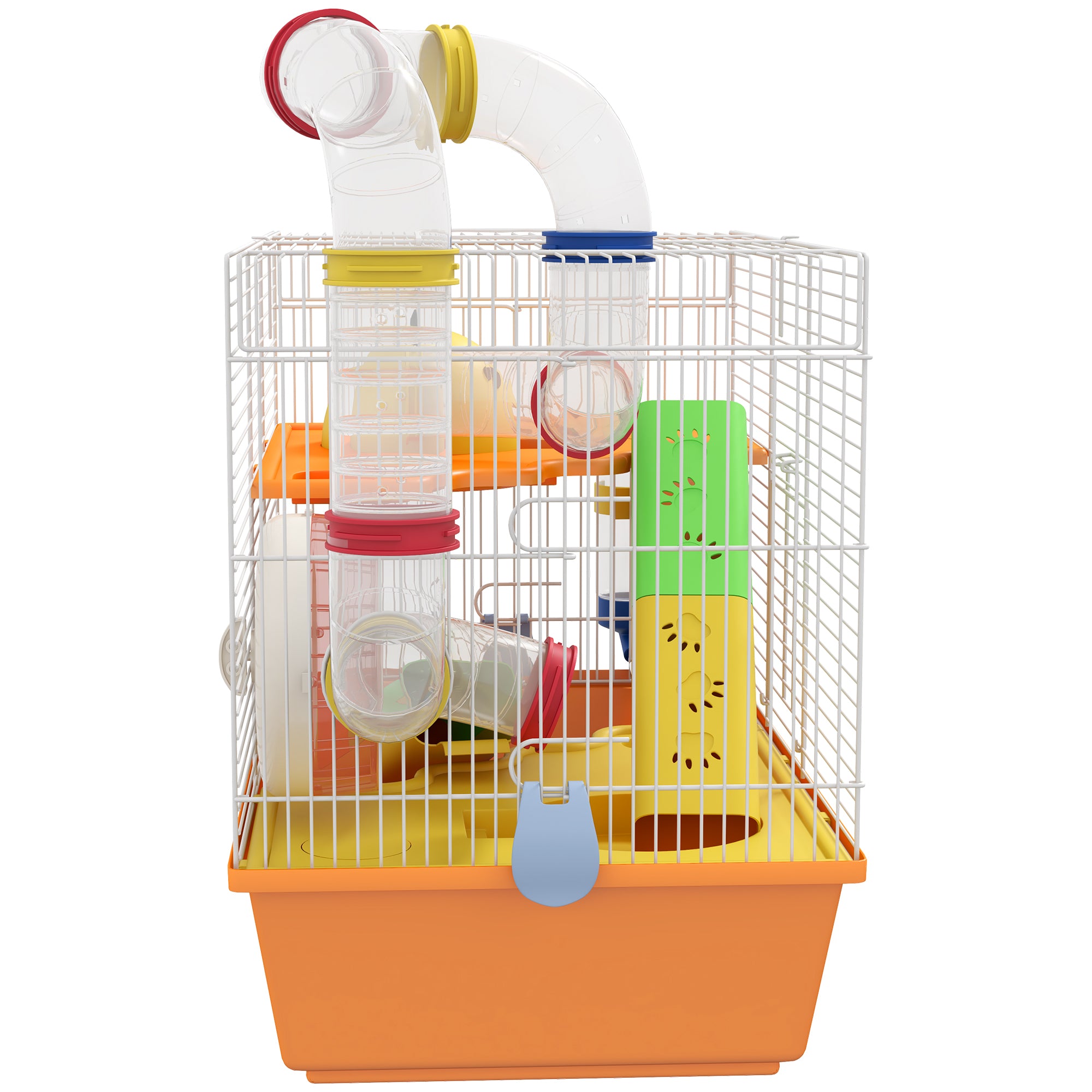 PawHut Hamster Cage, 3 Tiers Gerbil Cage for Dwarf Hamsters with Tubes, Exercise Wheel, Ladder, Water Bottle, Dish, Hut, Top Handle, 45 x 28 x 37cm - Orange