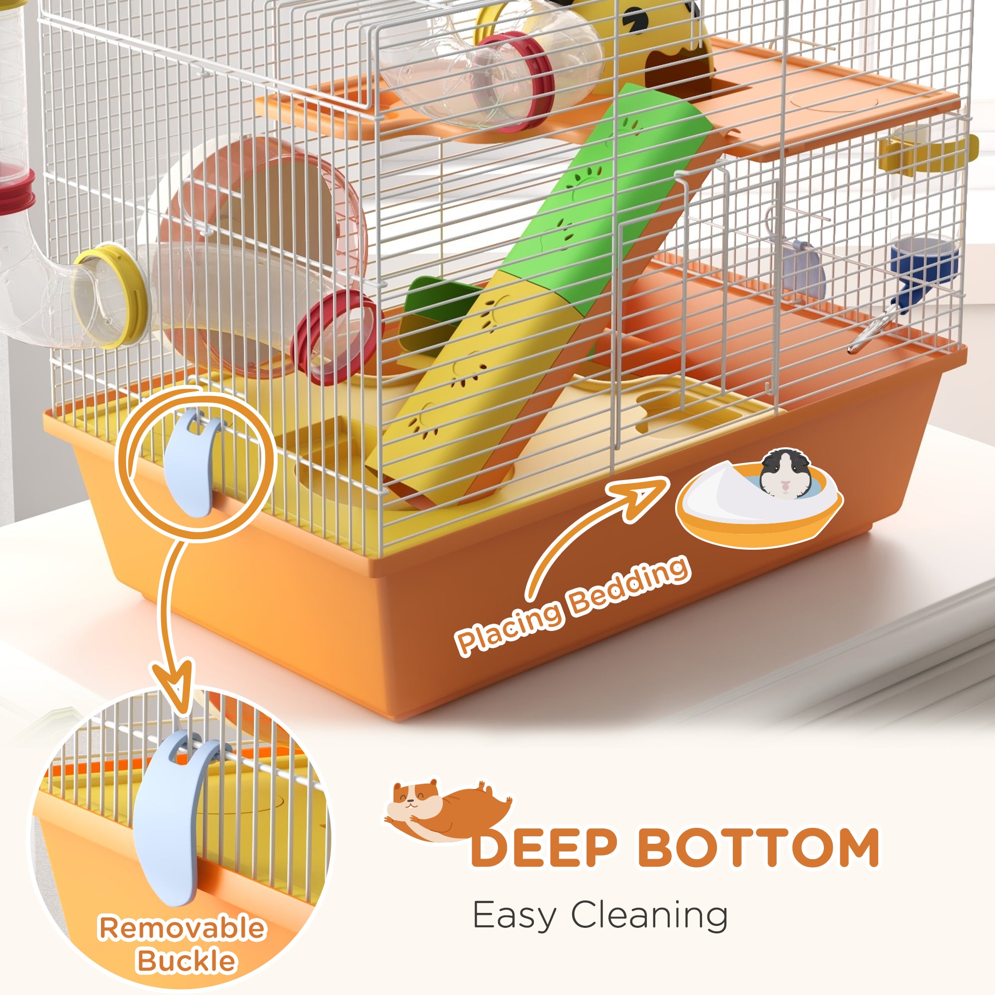 PawHut Hamster Cage, 3 Tiers Gerbil Cage for Dwarf Hamsters with Tubes, Exercise Wheel, Ladder, Water Bottle, Dish, Hut, Top Handle, 45 x 28 x 37cm - Orange