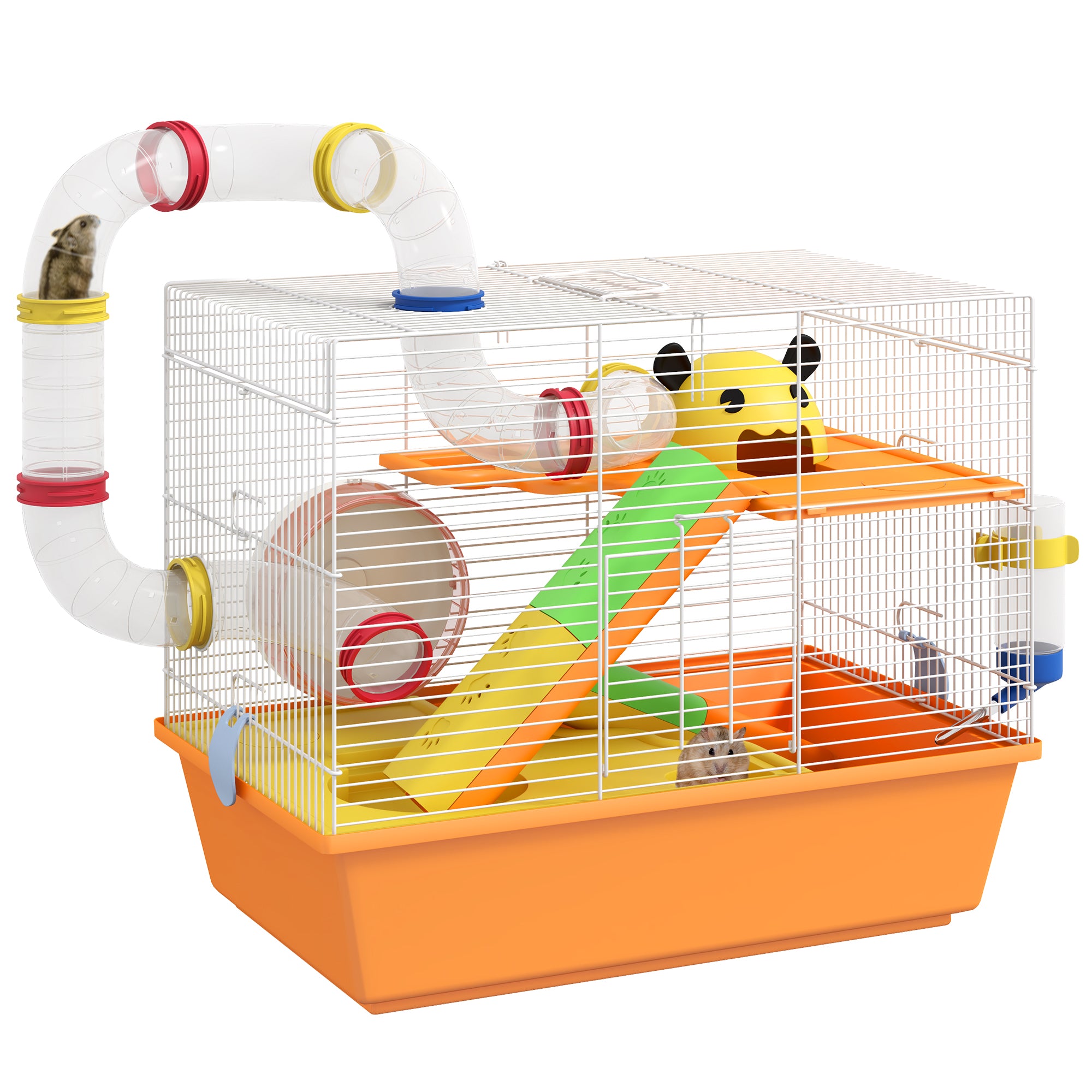 PawHut Hamster Cage 3 Tiers Small Animal House for Dwarf Hamster Gerbil Cage with Complete Tunnels, Water Bottle, Exercise Wheel, Food Dish, Ramps, Hut, 18
