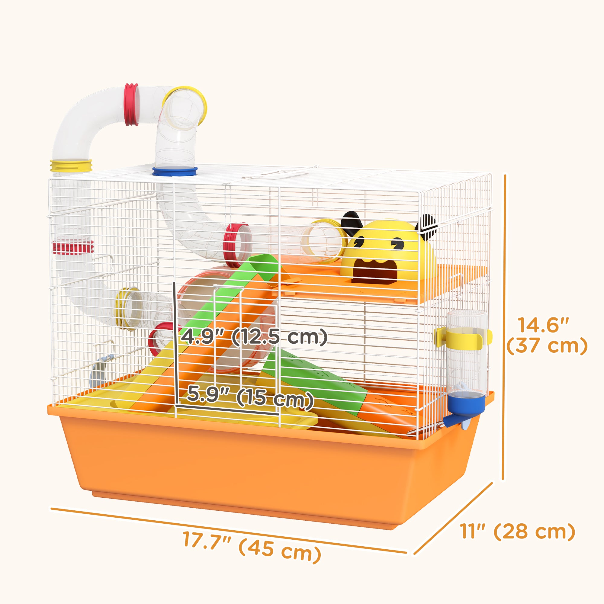 PawHut Hamster Cage 3 Tiers Small Animal House for Dwarf Hamster Gerbil Cage with Complete Tunnels, Water Bottle, Exercise Wheel, Food Dish, Ramps, Hut, 18" x 11" x 15" - Orange