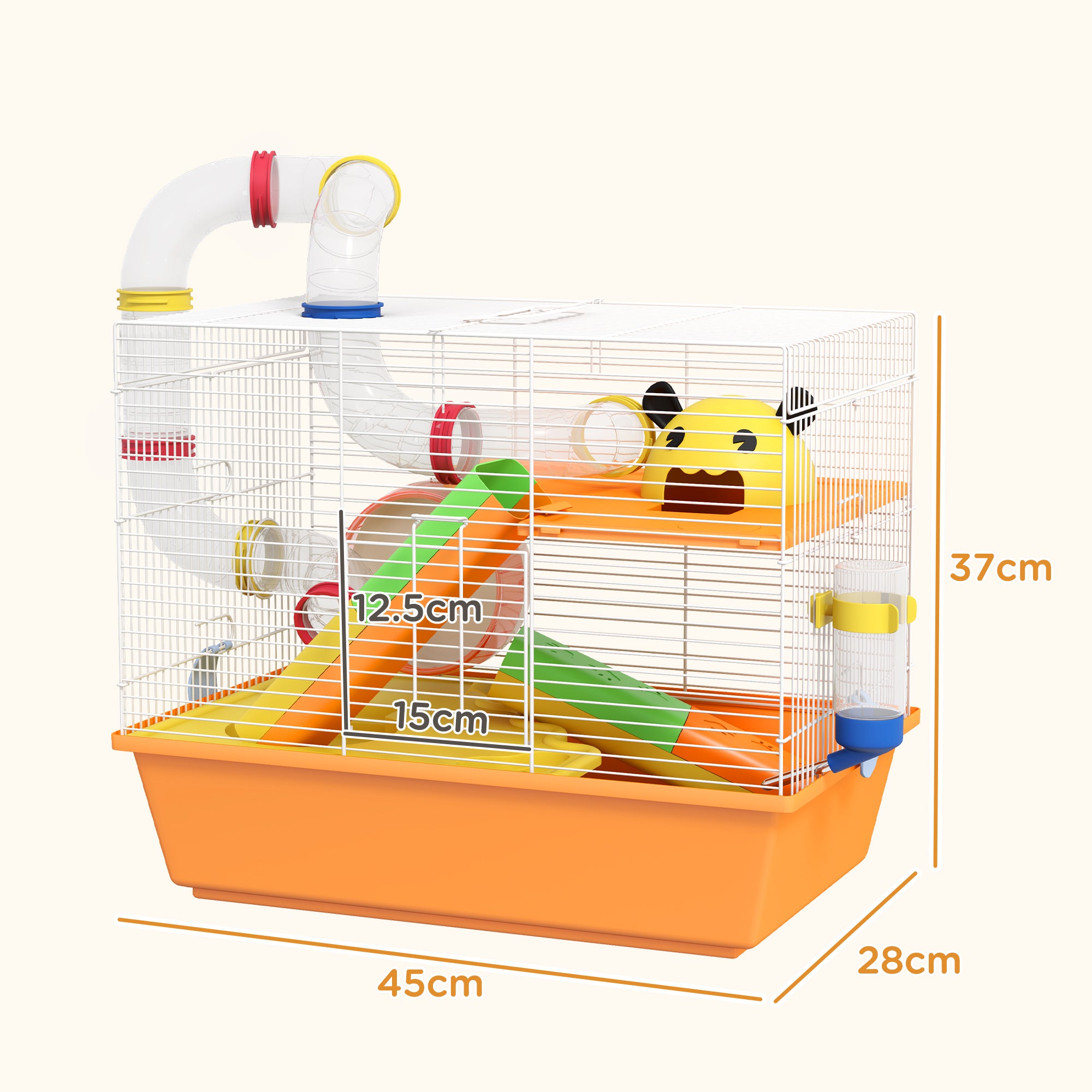 PawHut Hamster Cage, 3 Tiers Gerbil Cage for Dwarf Hamsters with Tubes, Exercise Wheel, Ladder, Water Bottle, Dish, Hut, Top Handle, 45 x 28 x 37cm - Orange
