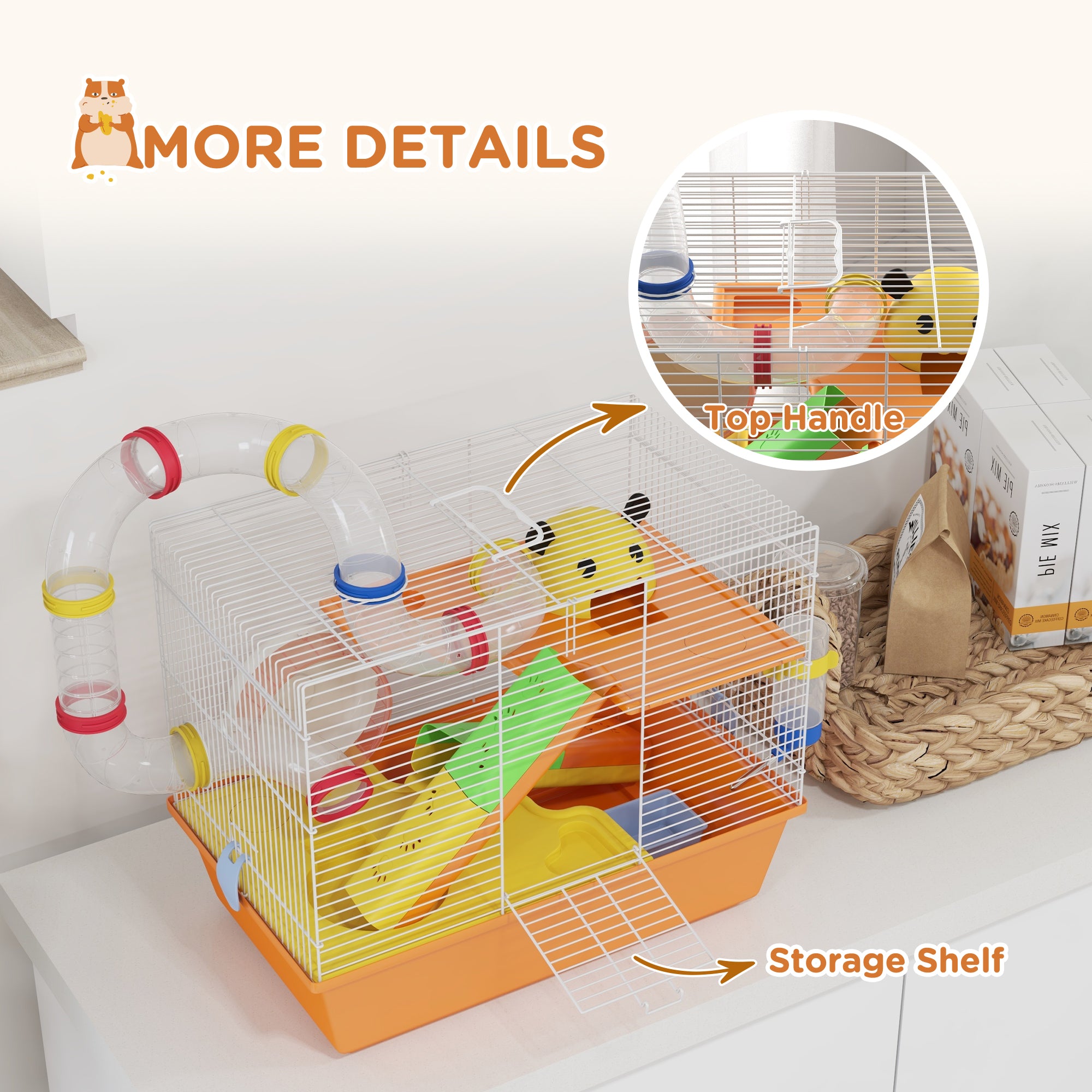 PawHut Hamster Cage, 3 Tiers Gerbil Cage for Dwarf Hamsters with Tubes, Exercise Wheel, Ladder, Water Bottle, Dish, Hut, Top Handle, 45 x 28 x 37cm - Orange