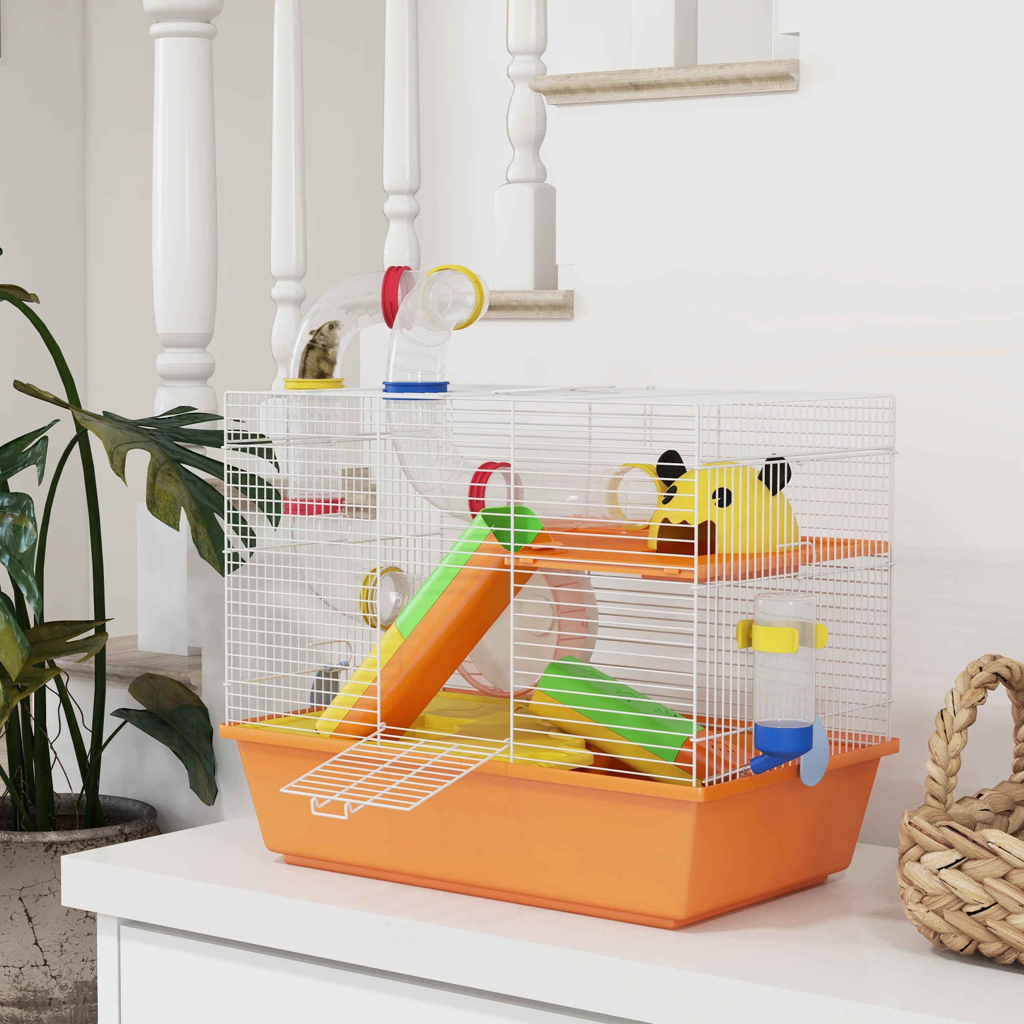 PawHut Hamster Cage, 3 Tiers Gerbil Cage for Dwarf Hamsters with Tubes, Exercise Wheel, Ladder, Water Bottle, Dish, Hut, Top Handle, 45 x 28 x 37cm - Orange