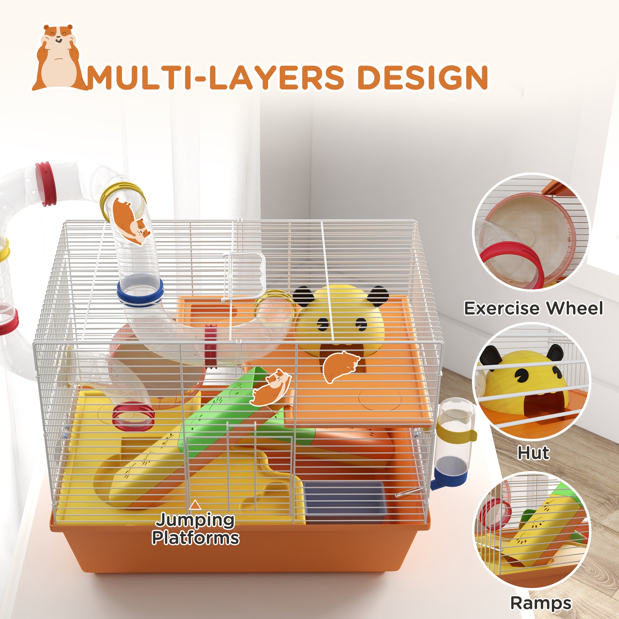 PawHut Hamster Cage, 3 Tiers Gerbil Cage for Dwarf Hamsters with Tubes, Exercise Wheel, Ladder, Water Bottle, Dish, Hut, Top Handle, 45 x 28 x 37cm - Orange