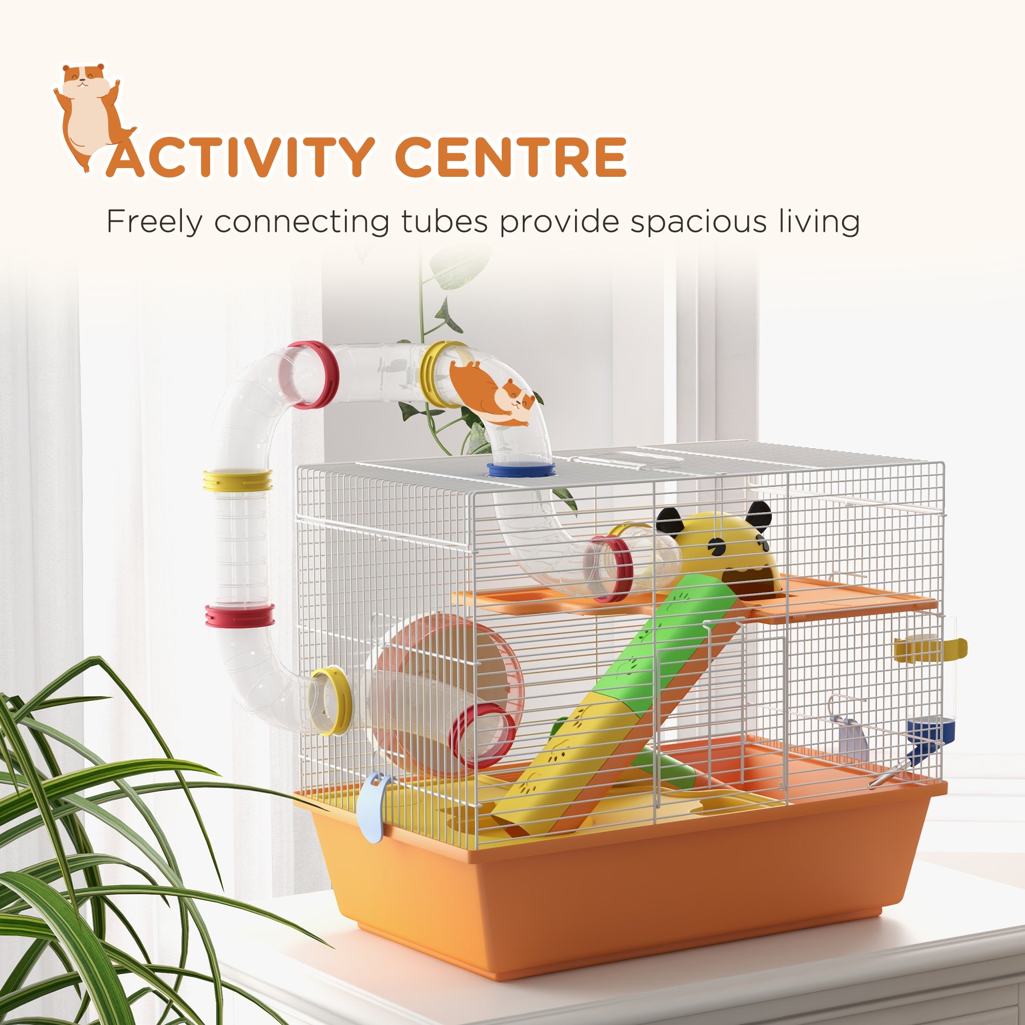 PawHut Hamster Cage, 3 Tiers Gerbil Cage for Dwarf Hamsters with Tubes, Exercise Wheel, Ladder, Water Bottle, Dish, Hut, Top Handle, 45 x 28 x 37cm - Orange