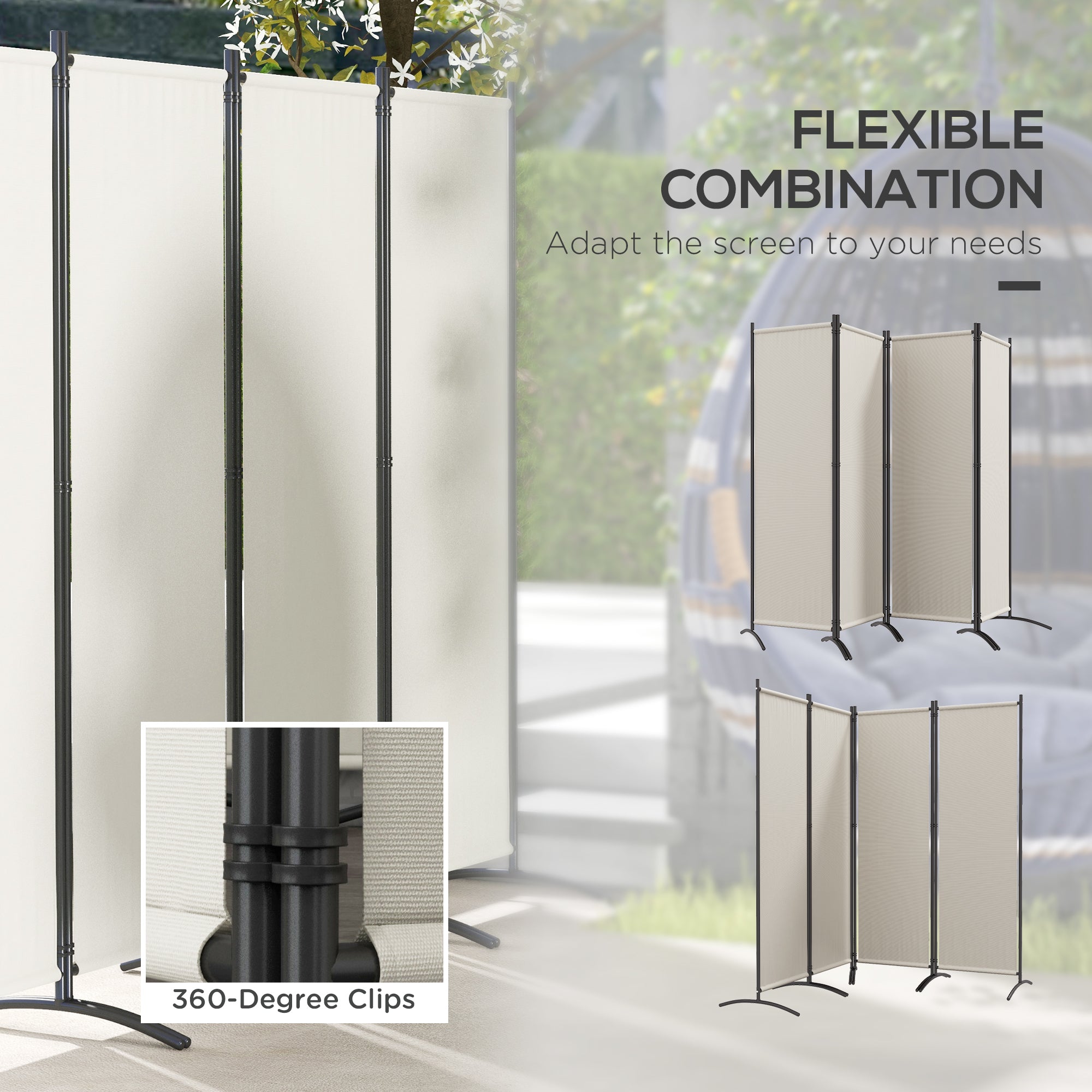 Outsunny 4 Panel Folding Room Divider, 5.6FT Privacy Screen with Wide Feet, Portable Freestanding Privacy Panel for Garden, Backyard, Deck, Pool, Hot Tub, Cream White
