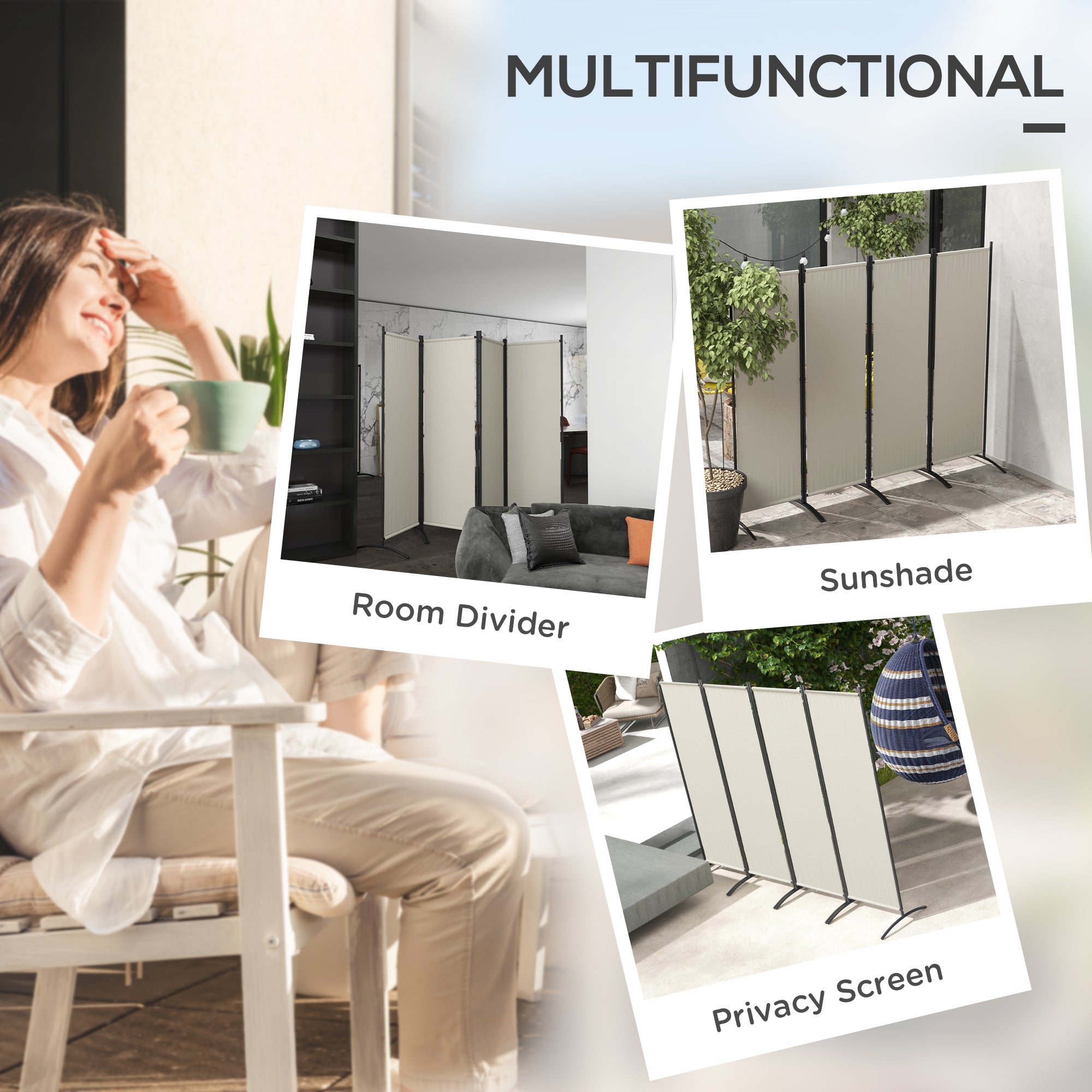 Outsunny 4 Panel Folding Room Divider, 5.6FT Privacy Screen with Wide Feet, Portable Freestanding Privacy Panel for Garden, Backyard, Deck, Pool, Hot Tub, Cream White