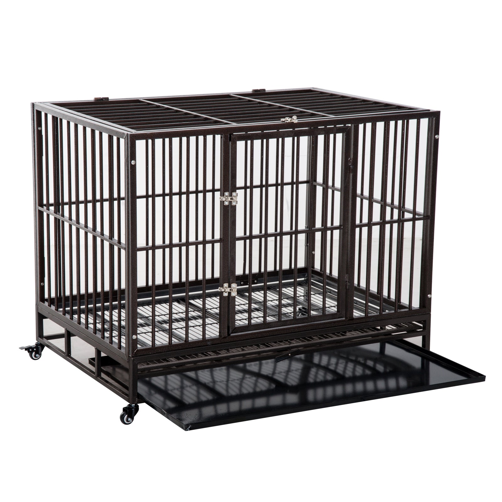 PawHut 42" Heavy Duty Dog Crate Metal Cage Kennel with Lockable Wheels, Double Door and Removable Tray, Brown