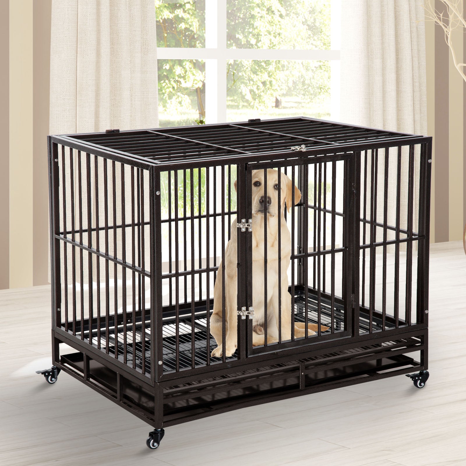 PawHut 42" Heavy Duty Dog Crate Metal Cage Kennel with Lockable Wheels, Double Door and Removable Tray, Brown