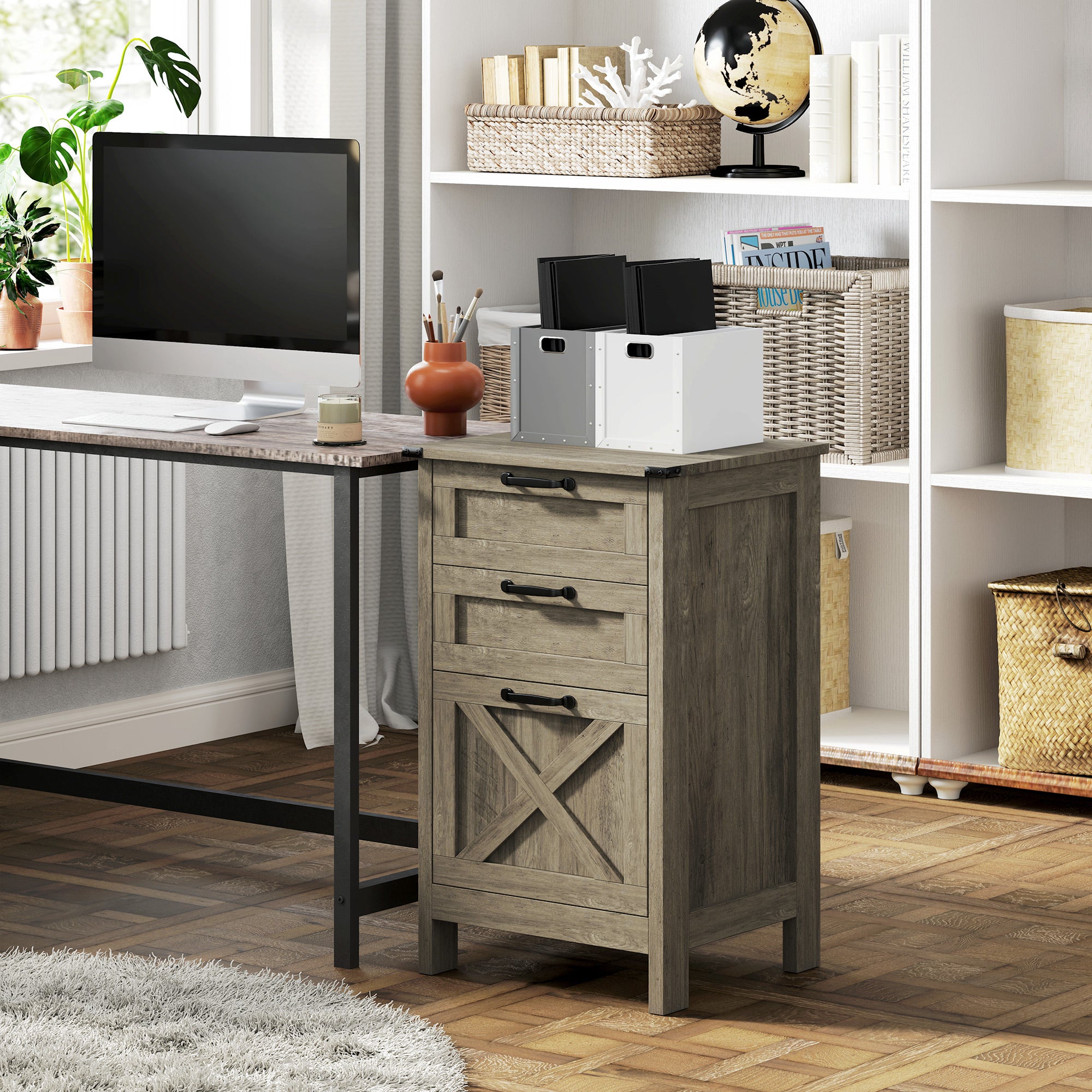 HOMCOM 3 Drawer File Cabinet with Silent Slides, Vertical Filing Cabinet for Hanging A4/Letter Size, Rustic Farmhouse Printer Stand with Storage for Home Office, Grey Wash