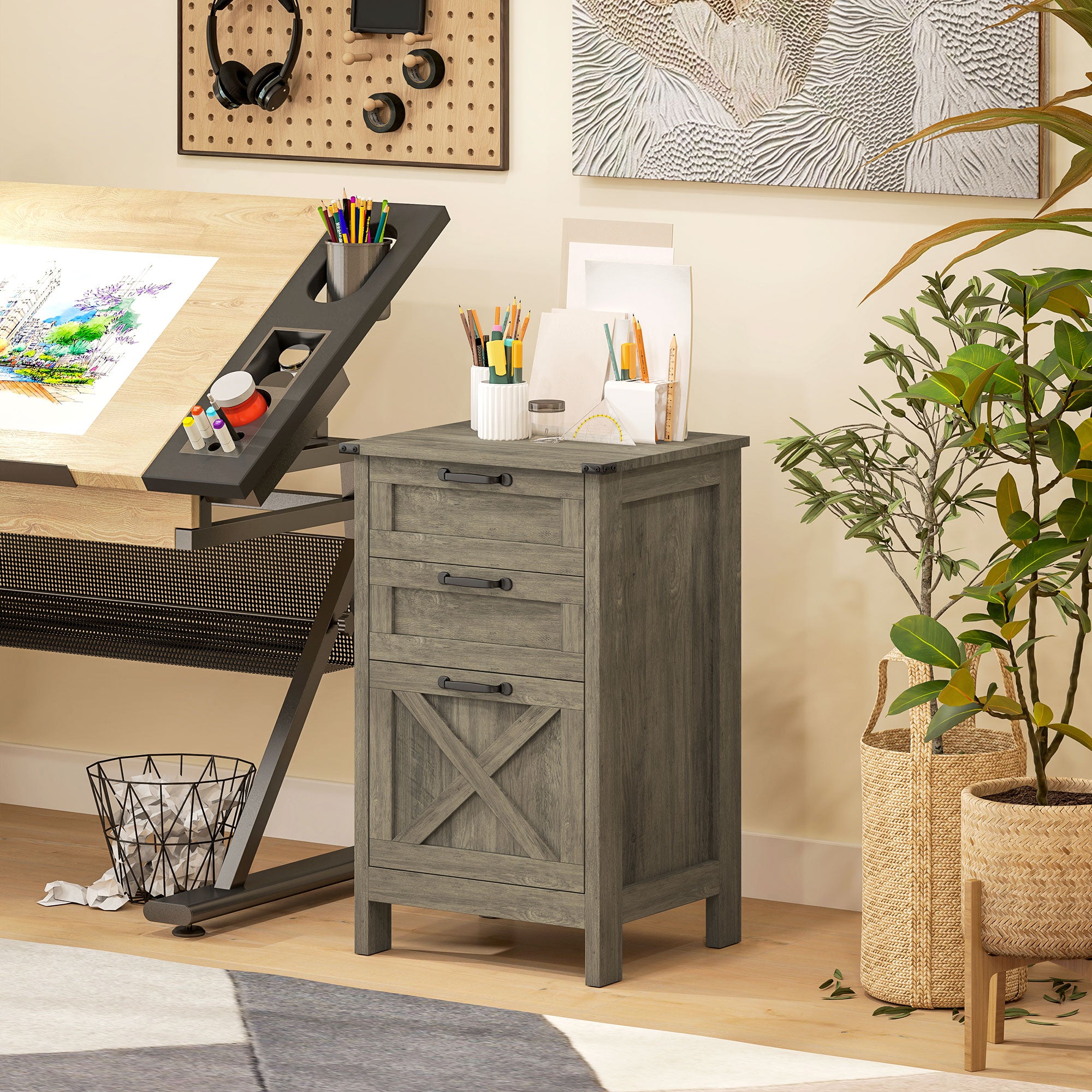 HOMCOM 3 Drawer File Cabinet with Silent Slides, Vertical Filing Cabinet for Hanging A4/Letter Size, Rustic Farmhouse Printer Stand with Storage for Home Office, Grey Wash