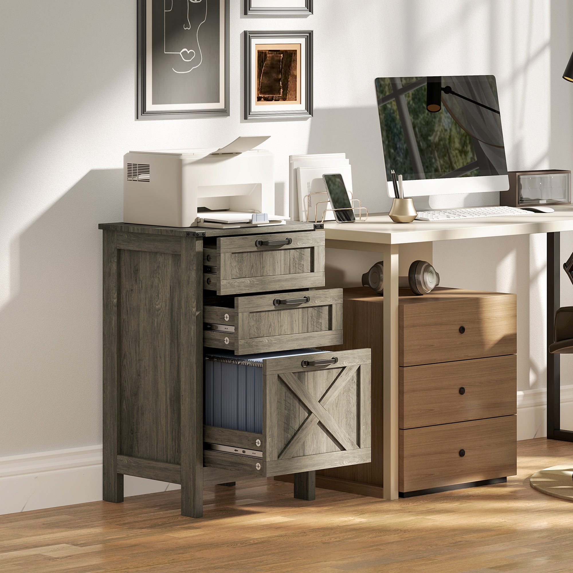 HOMCOM 3 Drawer File Cabinet with Silent Slides, Vertical Filing Cabinet for Hanging A4/Letter Size, Rustic Farmhouse Printer Stand with Storage for Home Office, Grey Wash