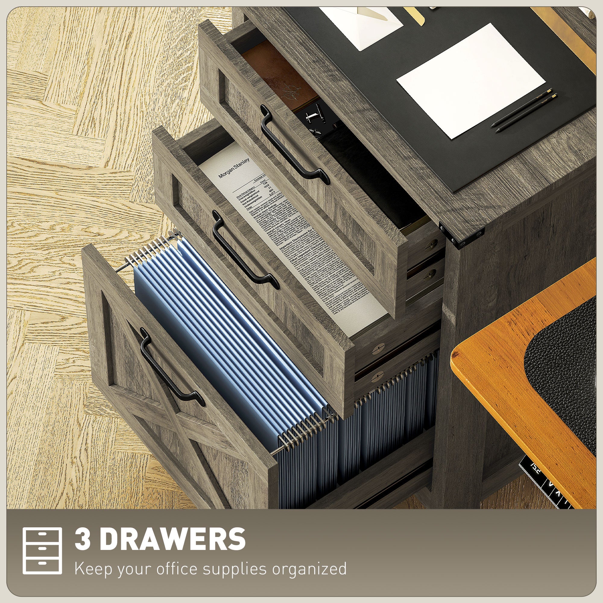 HOMCOM 3 Drawer File Cabinet with Silent Slides, Vertical Filing Cabinet for Hanging A4/Letter Size, Rustic Farmhouse Printer Stand with Storage for Home Office, Grey Wash