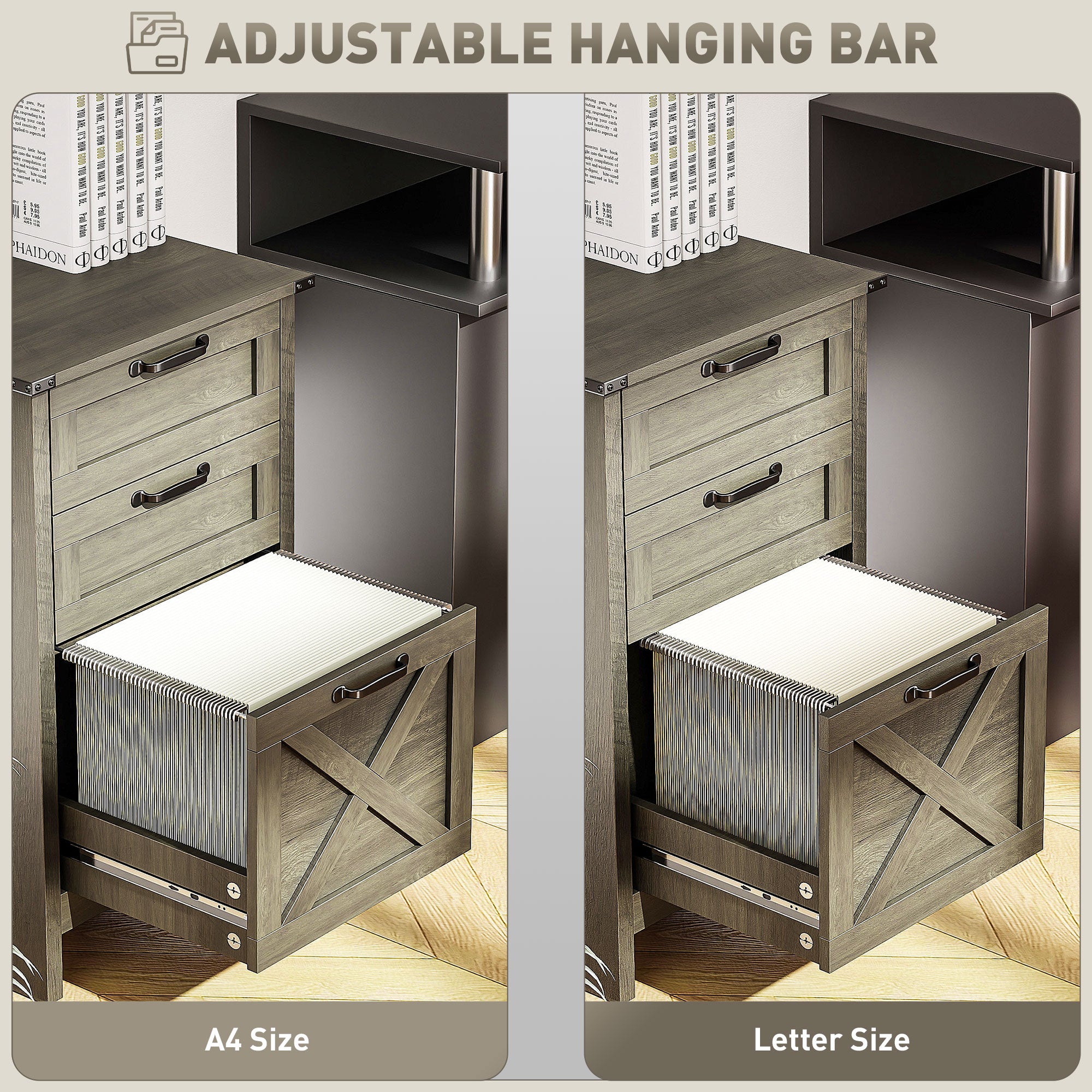 HOMCOM 3 Drawer File Cabinet with Silent Slides, Vertical Filing Cabinet for Hanging A4/Letter Size, Rustic Farmhouse Printer Stand with Storage for Home Office, Grey Wash