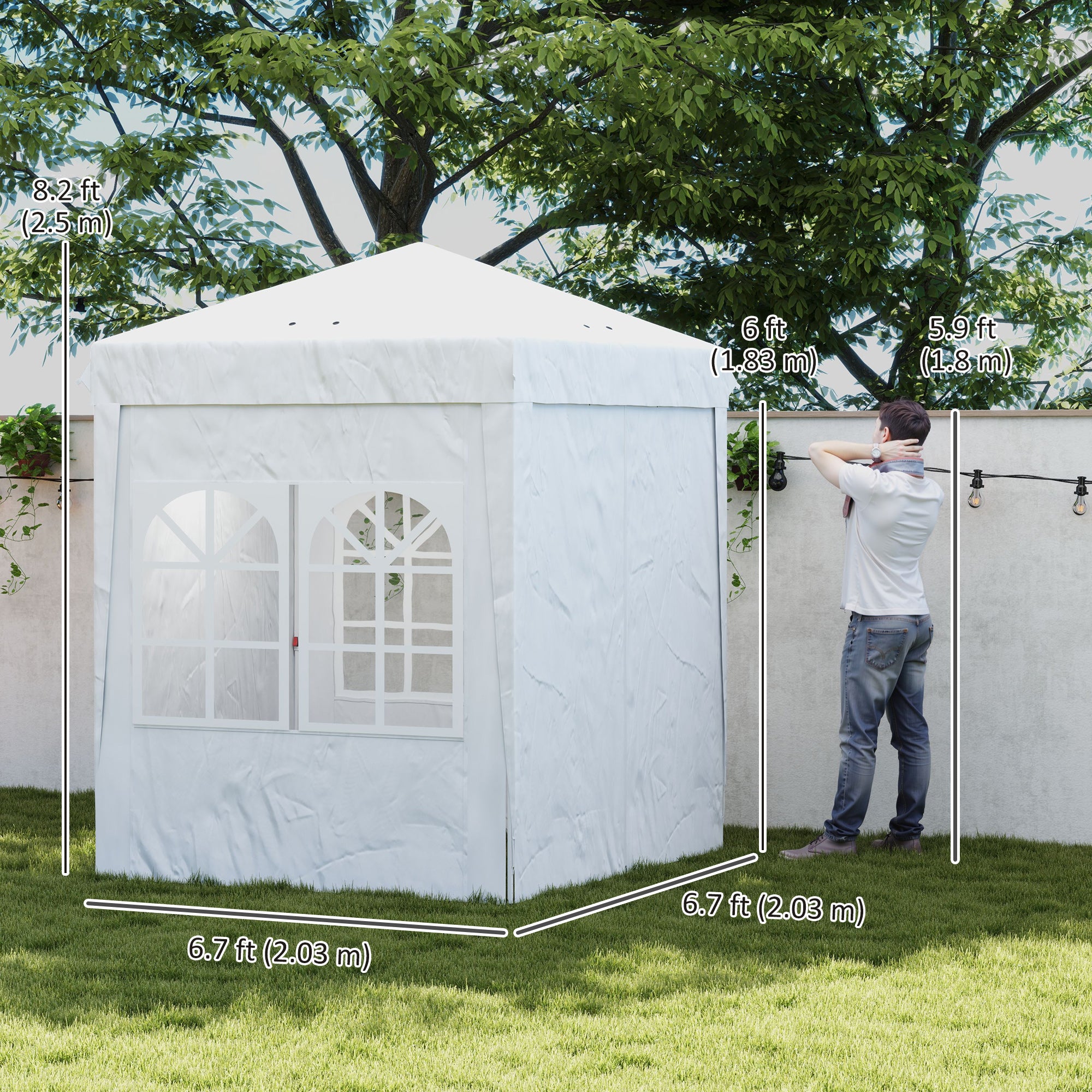 Outsunny 6.7' x 6.7' Pop-Up Canopy Tent with Sidewalls, Instant Sun Shelter, Height-Adjustable, Carry Bag Included, for Outdoor, Garden, Patio, White