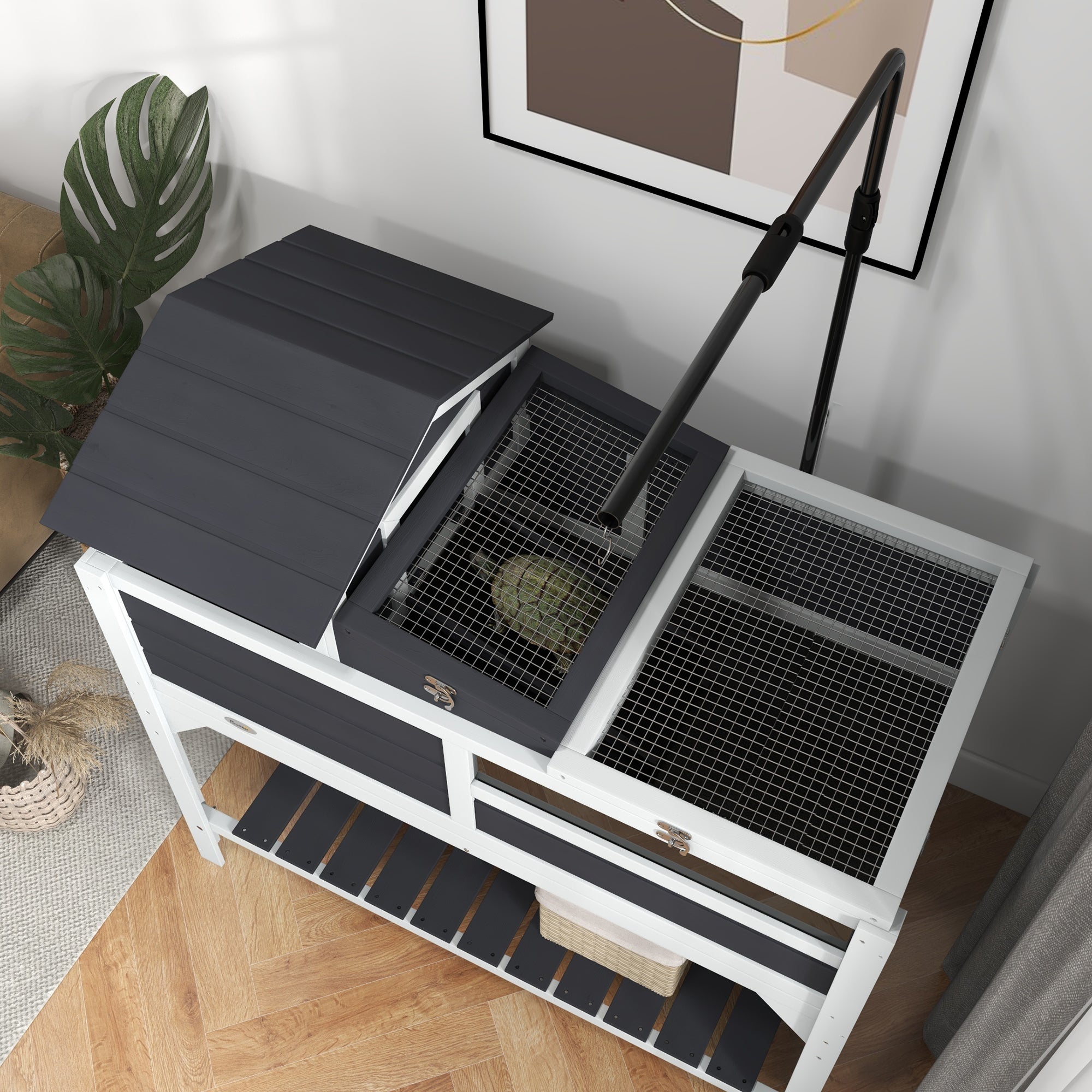 PawHut Tortoise House, 2 Layers Wooden Tortoise Enclosure with Adjustable Lamp Holder, Tortoise Table with Openable Lid, Removable Main House, Storage Shelf, Run Box, Fixed Tray - Grey