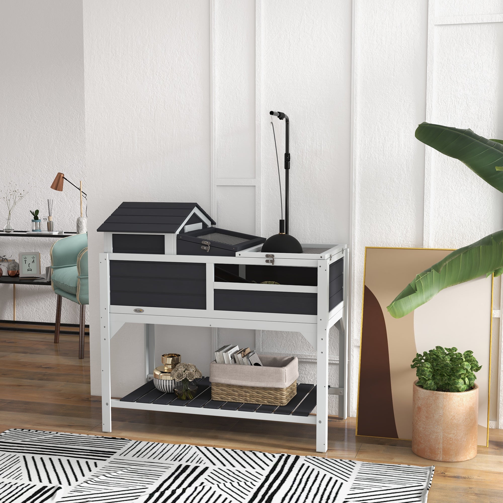 PawHut Tortoise House, 2 Layers Wooden Tortoise Enclosure with Adjustable Lamp Holder, Tortoise Table with Openable Lid, Removable Main House, Storage Shelf, Run Box, Fixed Tray - Grey