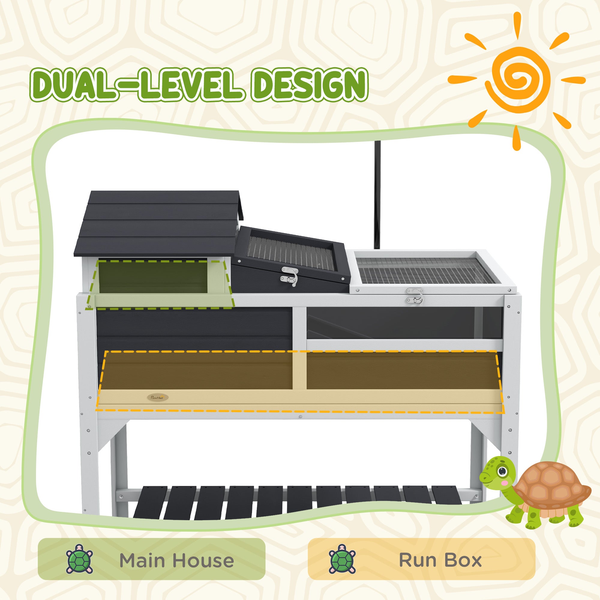 PawHut Tortoise House, 2 Layers Wooden Tortoise Enclosure with Adjustable Lamp Holder, Tortoise Table with Openable Lid, Removable Main House, Storage Shelf, Run Box, Fixed Tray - Grey