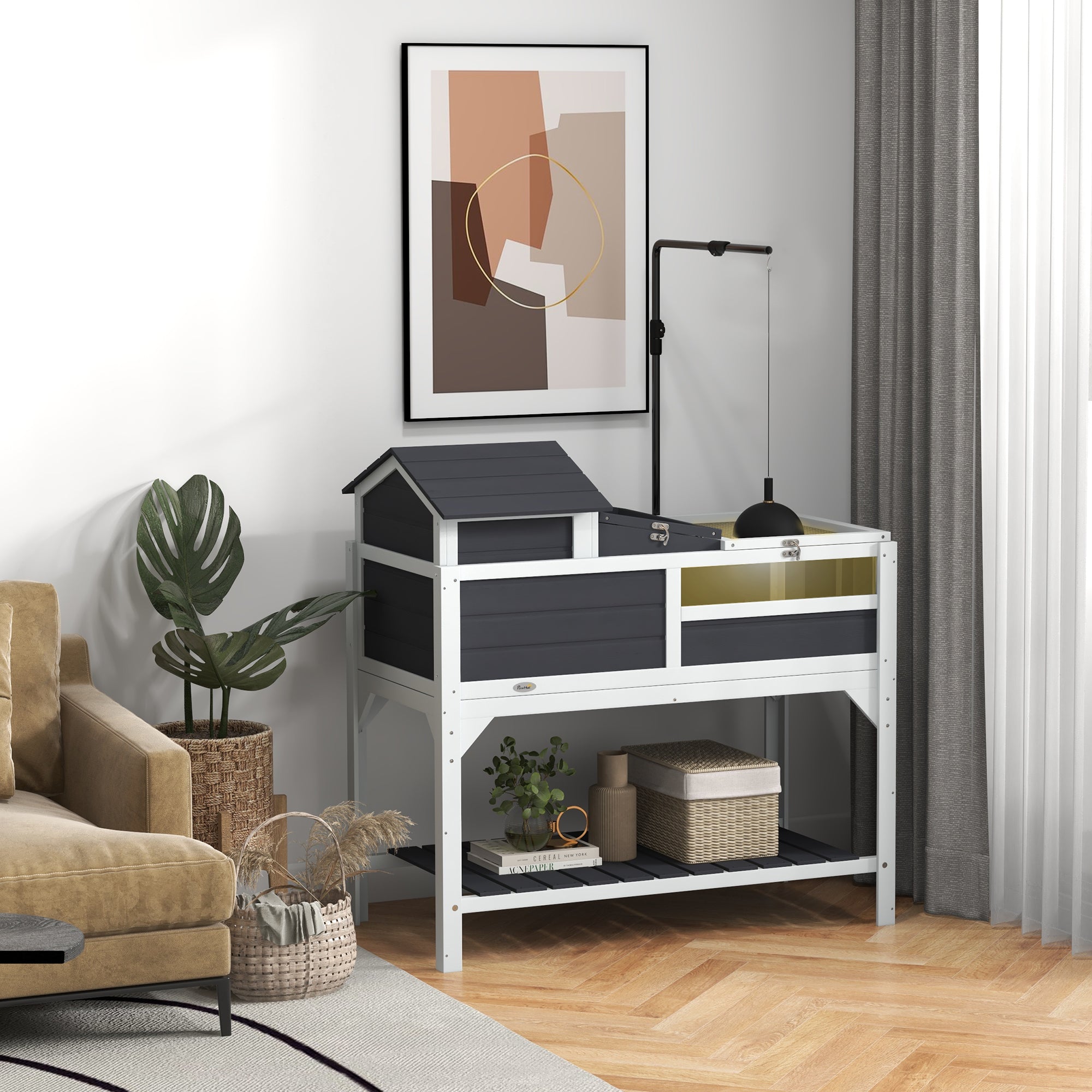 PawHut Tortoise House, 2 Layers Wooden Tortoise Enclosure with Adjustable Lamp Holder, Tortoise Table with Openable Lid, Removable Main House, Storage Shelf, Run Box, Fixed Tray - Grey