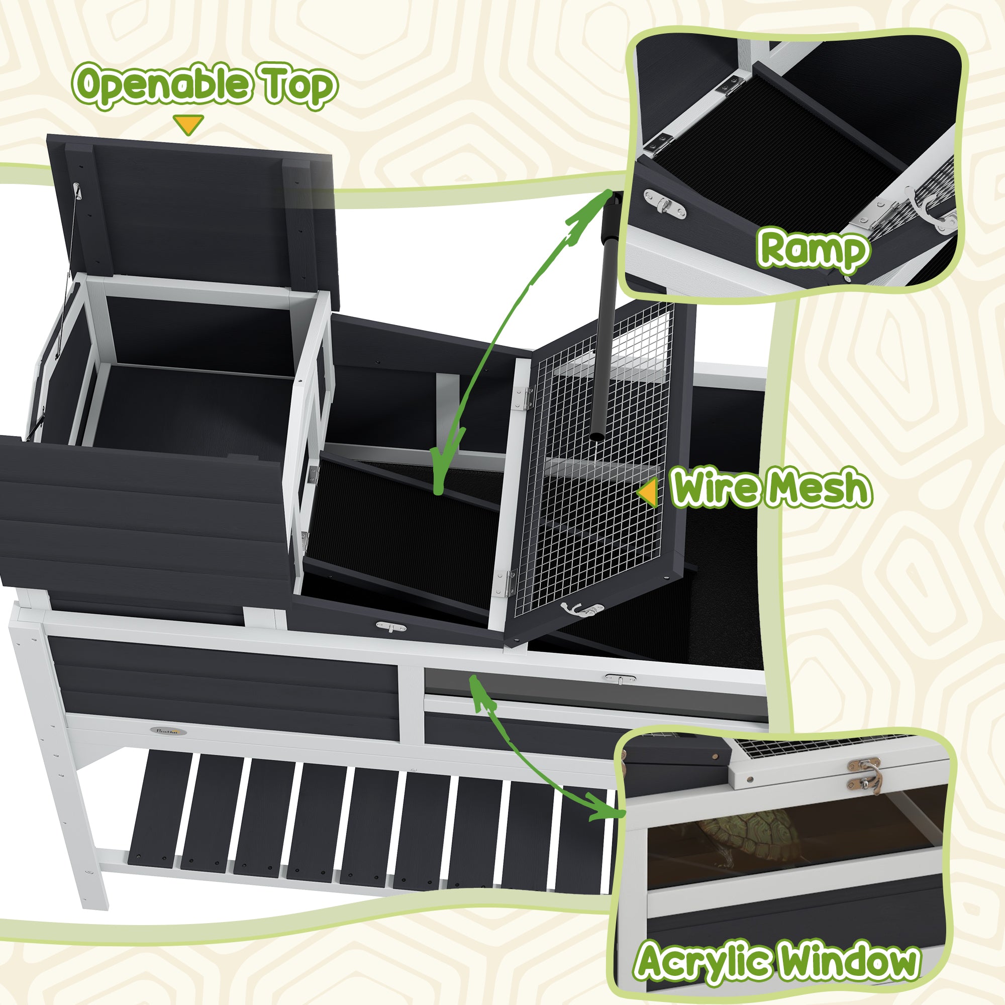 PawHut Tortoise House, 2 Layers Wooden Tortoise Enclosure with Adjustable Lamp Holder, Tortoise Table with Openable Lid, Removable Main House, Storage Shelf, Run Box, Fixed Tray - Grey