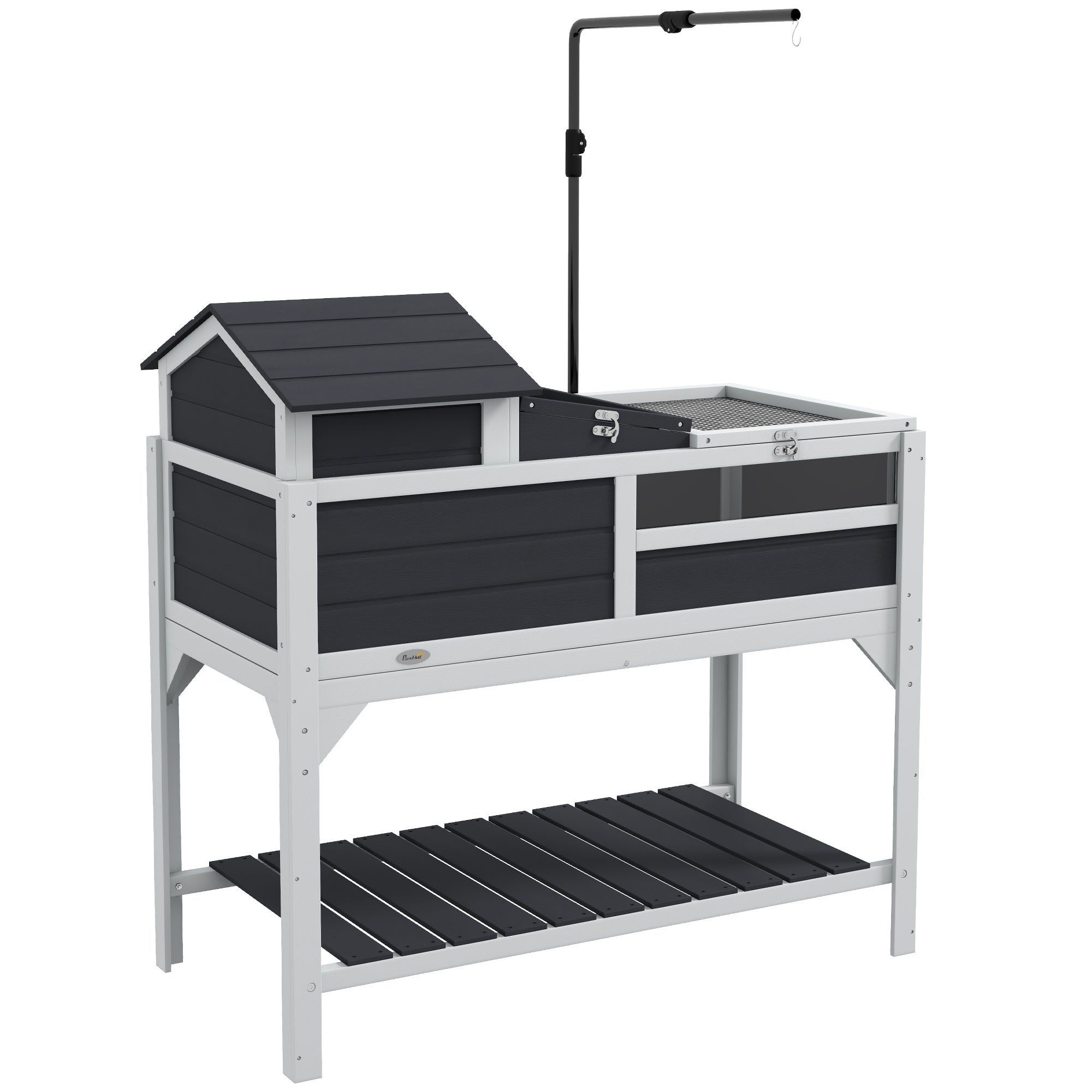 PawHut Tortoise House, 2 Layers Wooden Tortoise Enclosure with Adjustable Lamp Holder, Tortoise Table with Openable Lid, Removable Main House, Storage Shelf, Run Box, Fixed Tray - Grey