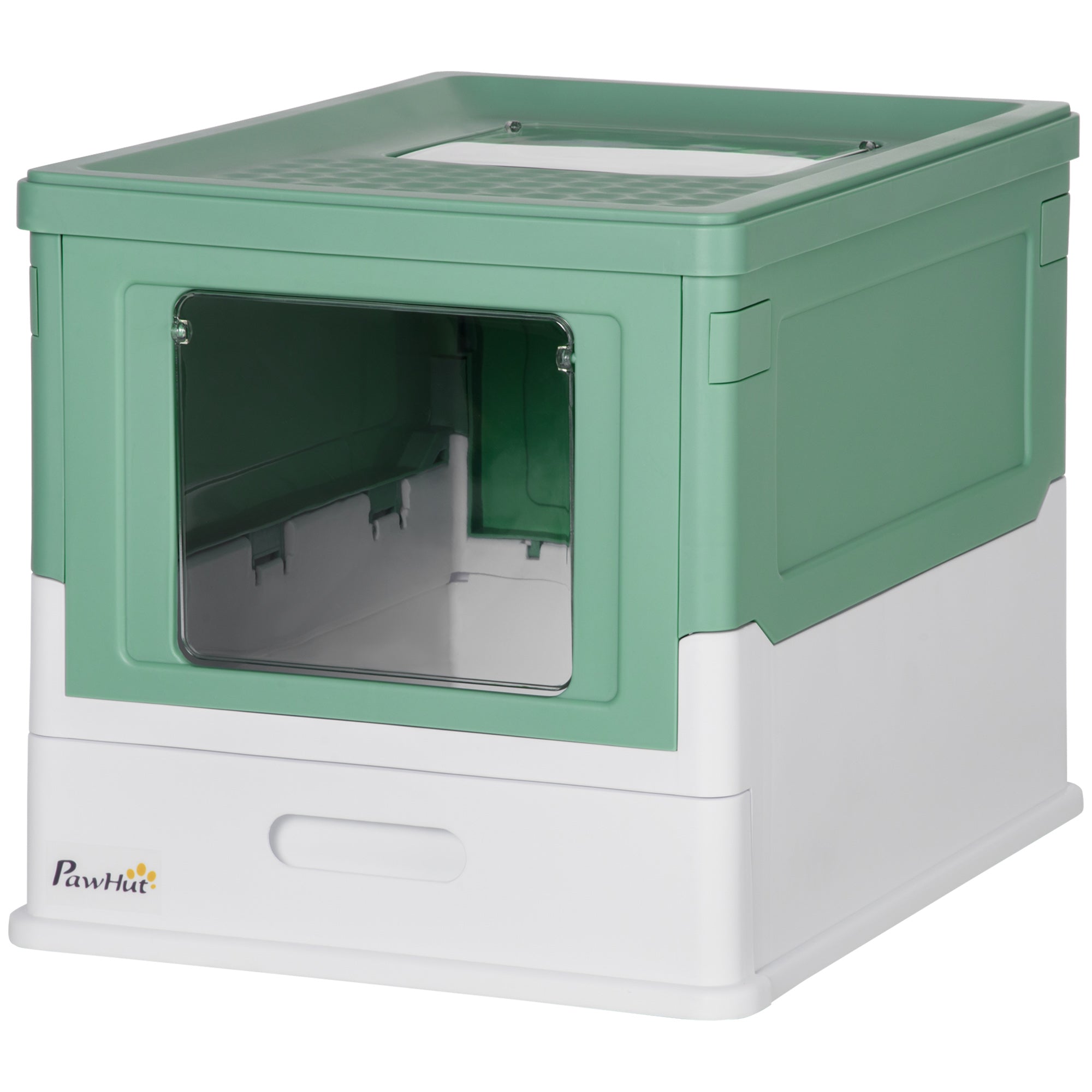 PawHut Fully Enclosed Cat Litter Box with Scoop, Hooded Cat Litter House with Drawer Type Tray, Foldable Smell Proof Cat Potty with Front Entry, Top Exit, Portable Pet Toilet with Large Space, Green